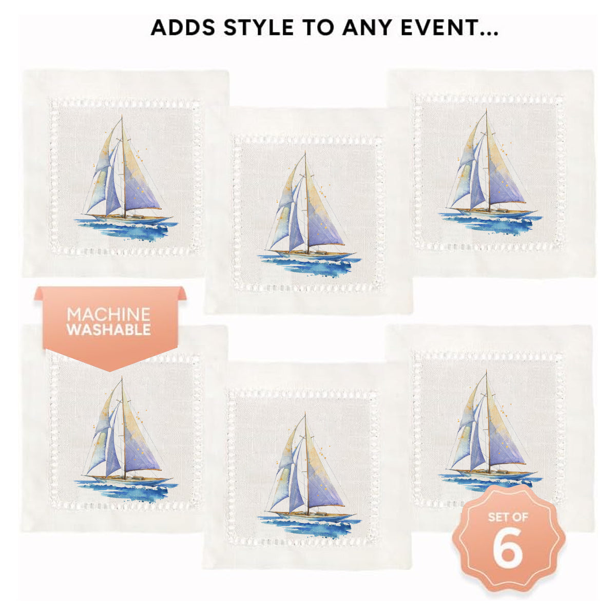 Watercolor Sailboat Hemstitch Napkins