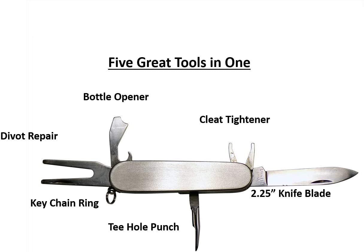 Stainless Steel Multitool Foldable Golf Divot Tool Repair and Ball Marker, Tee Hole Punch, Beer Bottle Opener, 2.25" Knife Blade Golf Tool Gifts for Men