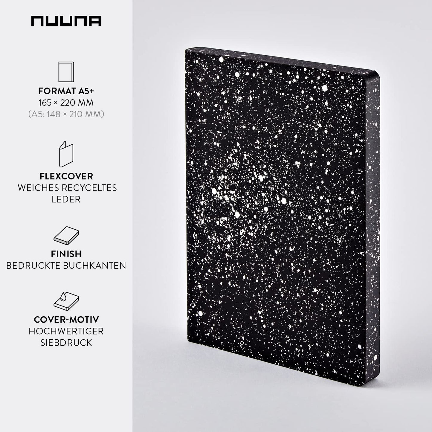 nuuna Graphic L Design Notebook – "Milky Way – Smooth Bonded Leather Coloured Edging, 256 Page Premium Paper DIN A5 Dot Grid Soft Cover – Black