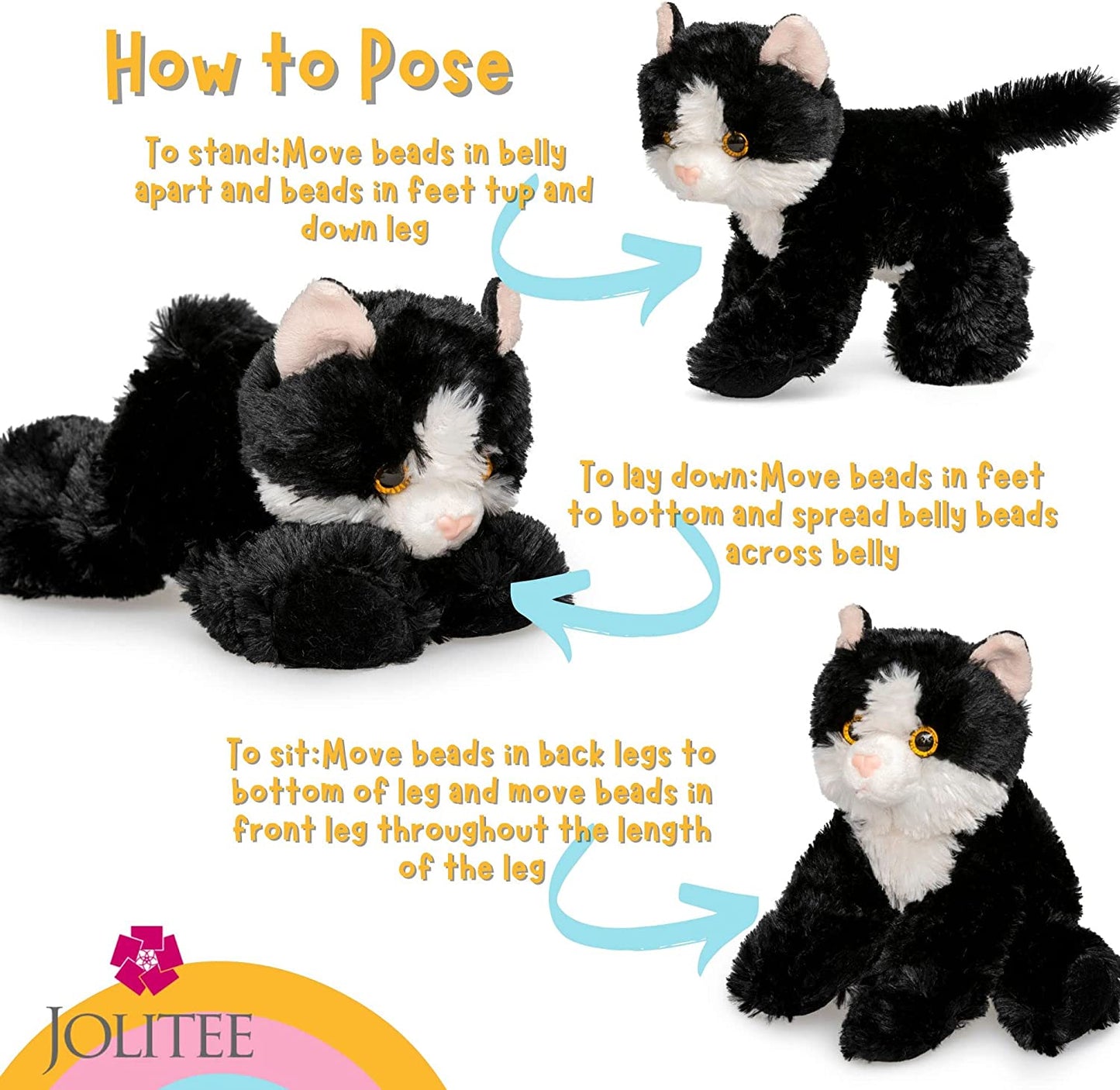 Jolitee Small Plush Black and White Cat Stuffed Animal Cat Tuxedo Cat Stuffed Animal Kitten 8 inch