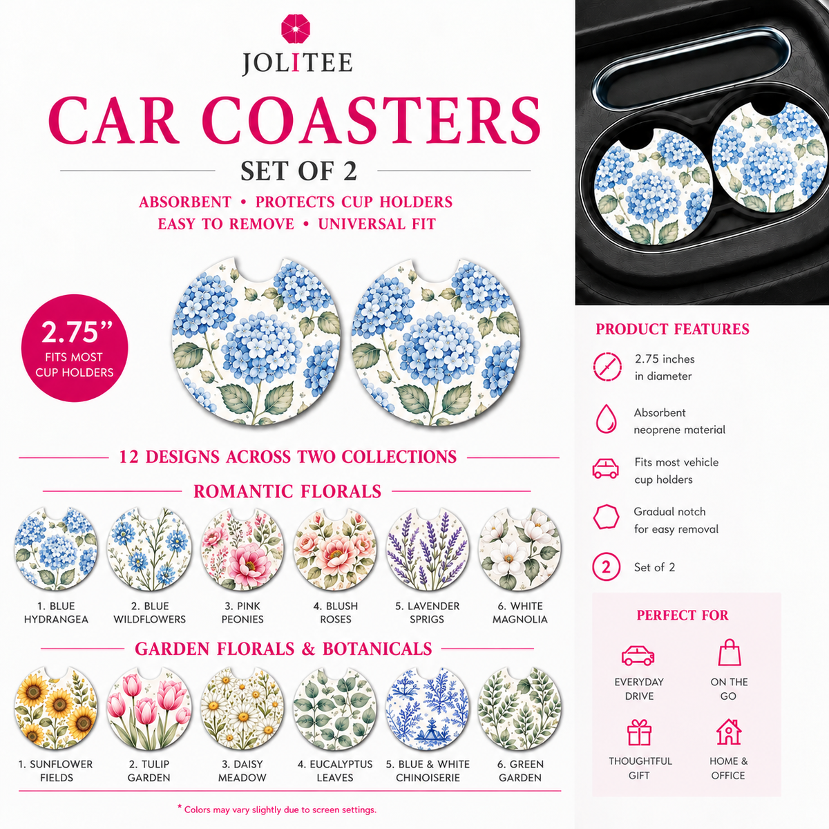 Jolitee Garden Florals Car Coasters, Absorbent Neoprene Cup Holder Inserts, Set of 2