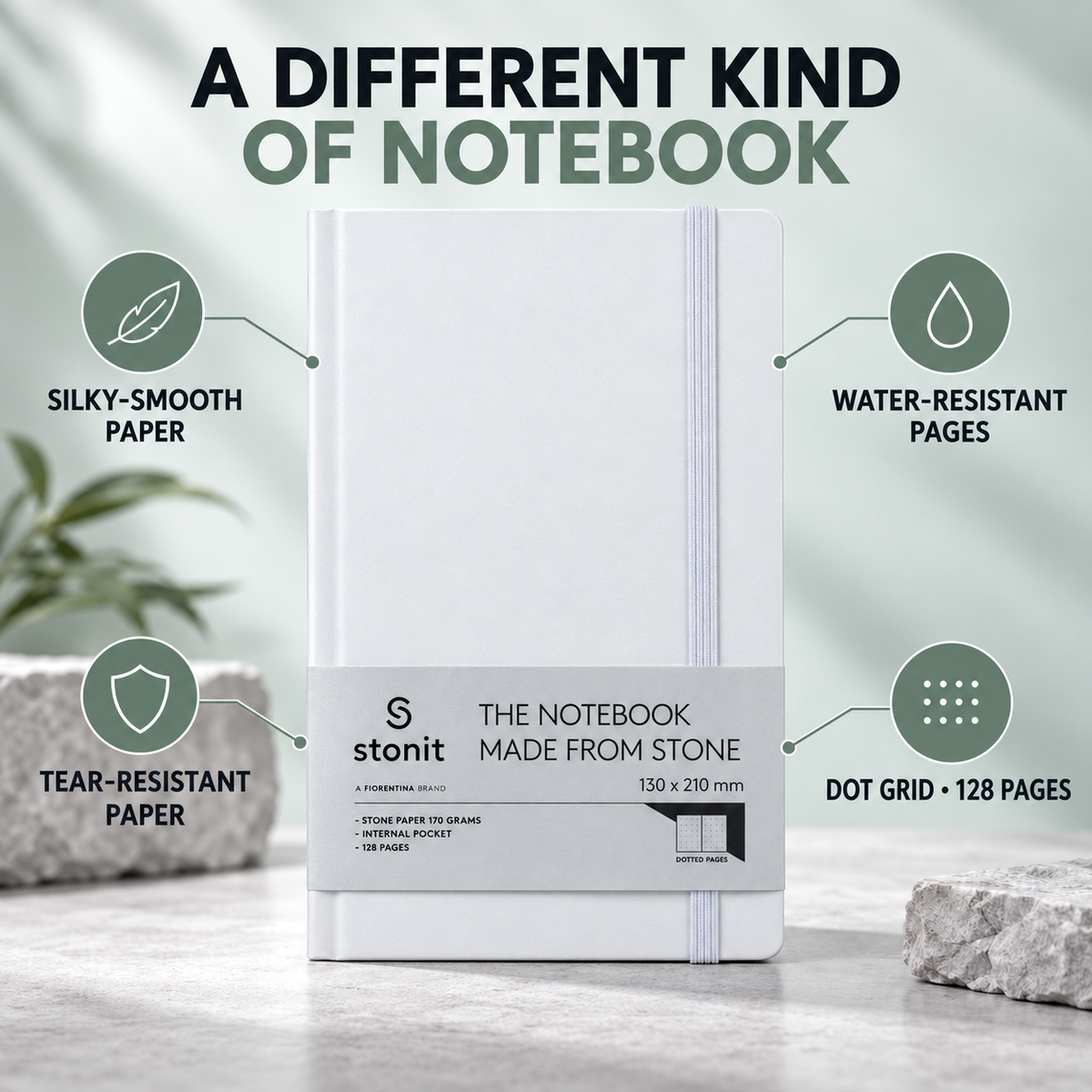 Stonit Stone Paper Notebook, Water-Resistant Dot Grid Journal, Hardcover with Elastic Closure, Silky-Smooth Tear-Resistant Pages, White, 128 Pages, 5 x 8 Inches