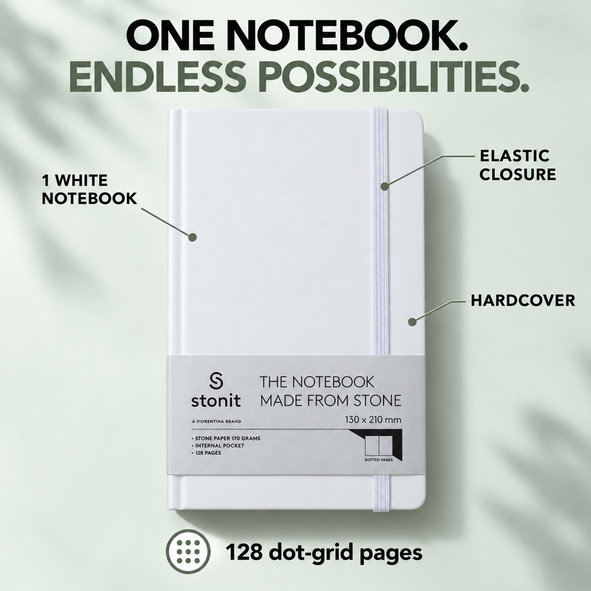 Stonit Stone Paper Notebook, Water-Resistant Dot Grid Journal, Hardcover with Elastic Closure, Silky-Smooth Tear-Resistant Pages, White, 128 Pages, 5 x 8 Inches