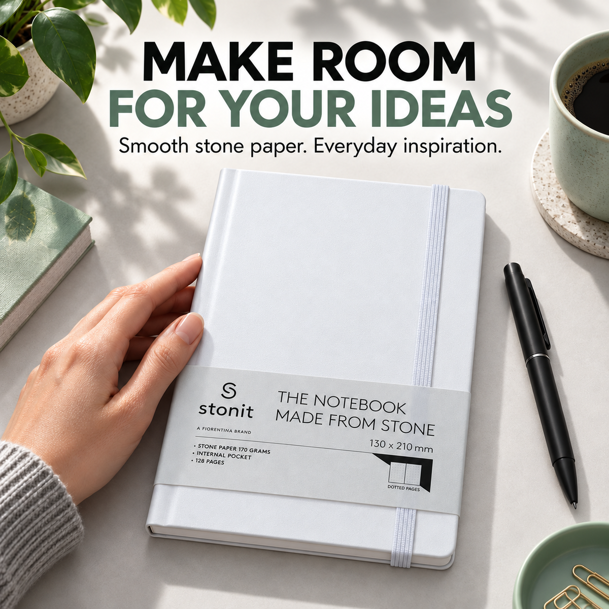 Stonit Stone Paper Notebook, Water-Resistant Dot Grid Journal, Hardcover with Elastic Closure, Silky-Smooth Tear-Resistant Pages, White, 128 Pages, 5 x 8 Inches