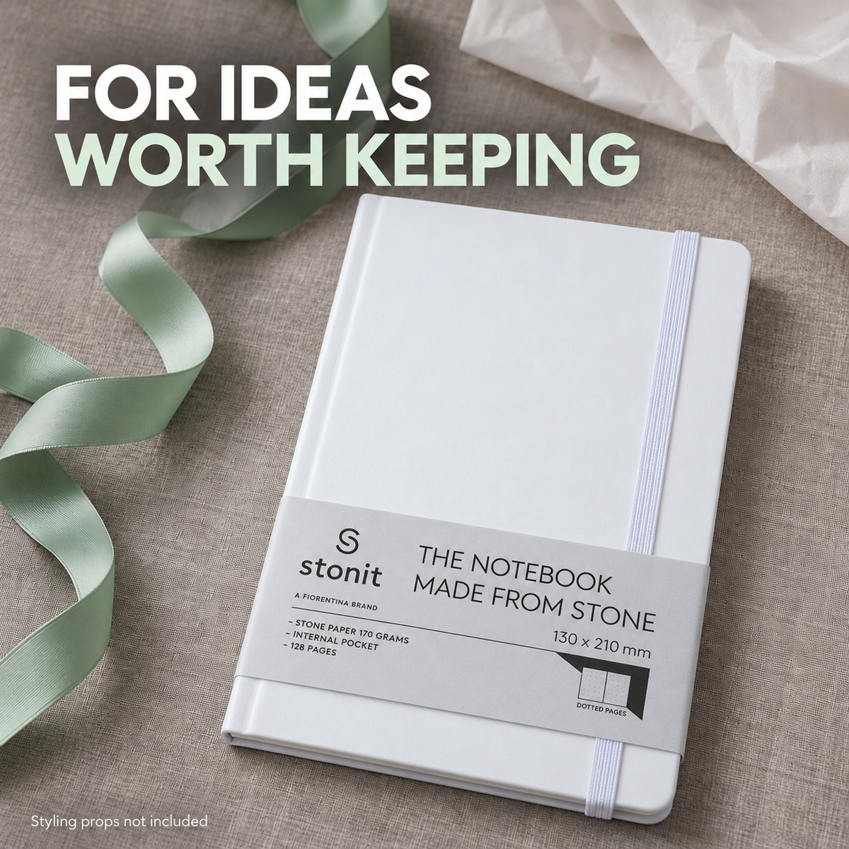 Stonit Stone Paper Notebook, Water-Resistant Dot Grid Journal, Hardcover with Elastic Closure, Silky-Smooth Tear-Resistant Pages, White, 128 Pages, 5 x 8 Inches