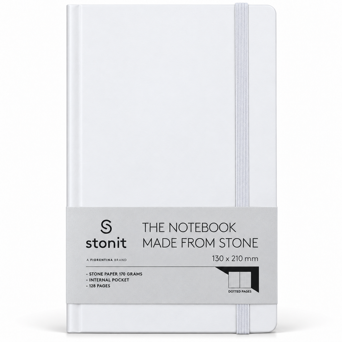Stonit Stone Paper Notebook, Water-Resistant Dot Grid Journal, Hardcover with Elastic Closure, Silky-Smooth Tear-Resistant Pages, White, 128 Pages, 5 x 8 Inches