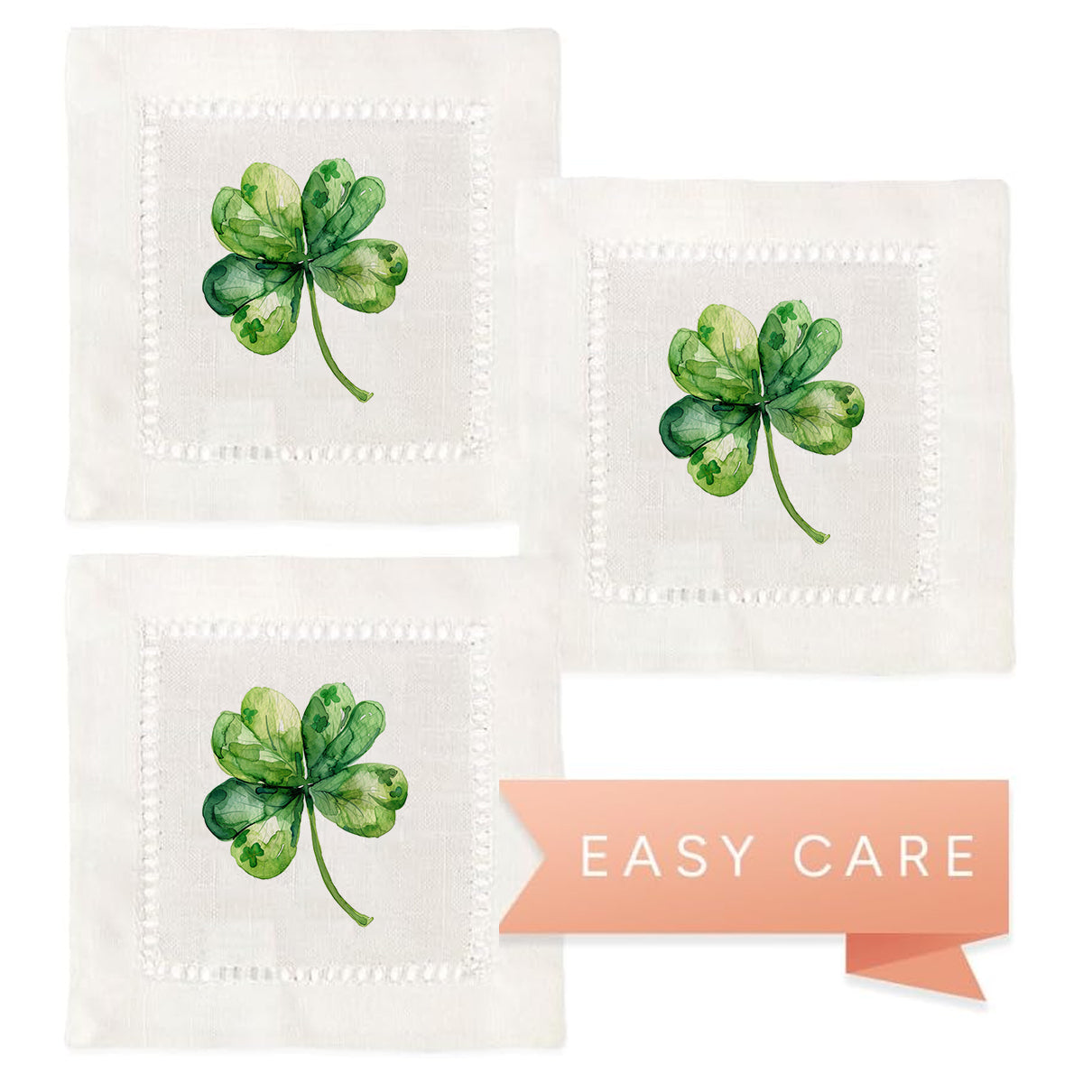 Jolitee Decorative Hemstitch Cocktail Napkins, 6"x6" Washable Linen-Like Cloth Napkins, (4 Leaf Clover)