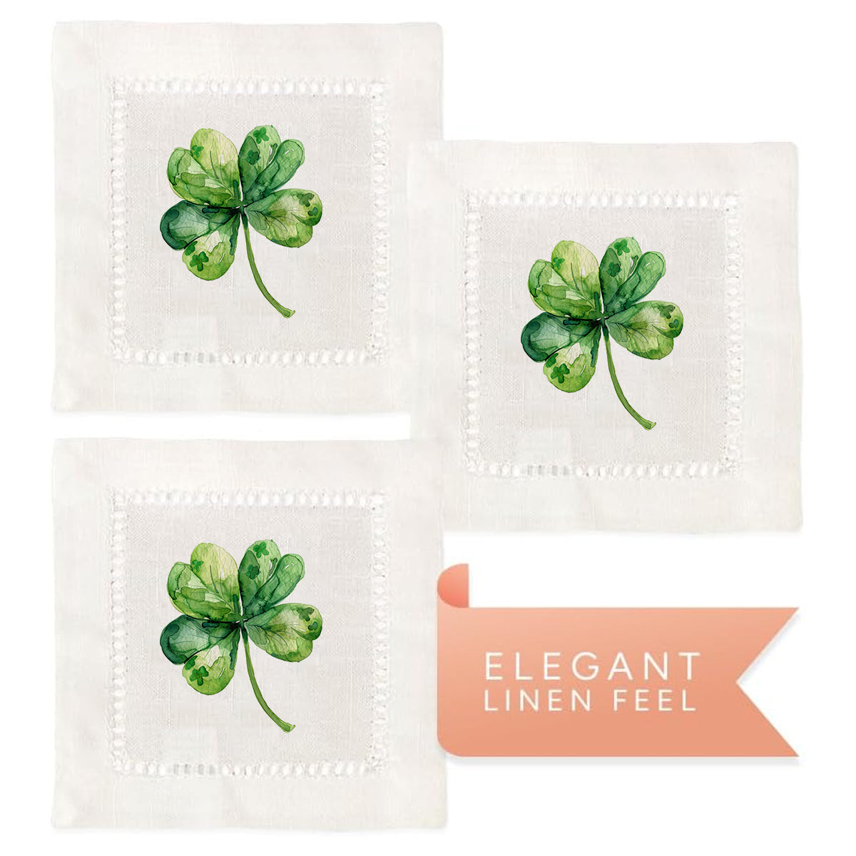 Jolitee Decorative Hemstitch Cocktail Napkins, 6"x6" Washable Linen-Like Cloth Napkins, (4 Leaf Clover)