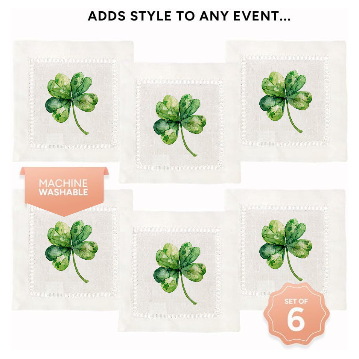 Jolitee Decorative Hemstitch Cocktail Napkins, 6"x6" Washable Linen-Like Cloth Napkins, (4 Leaf Clover)