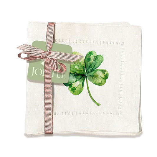 Jolitee Decorative Hemstitch Cocktail Napkins, 6"x6" Washable Linen-Like Cloth Napkins, (4 Leaf Clover)