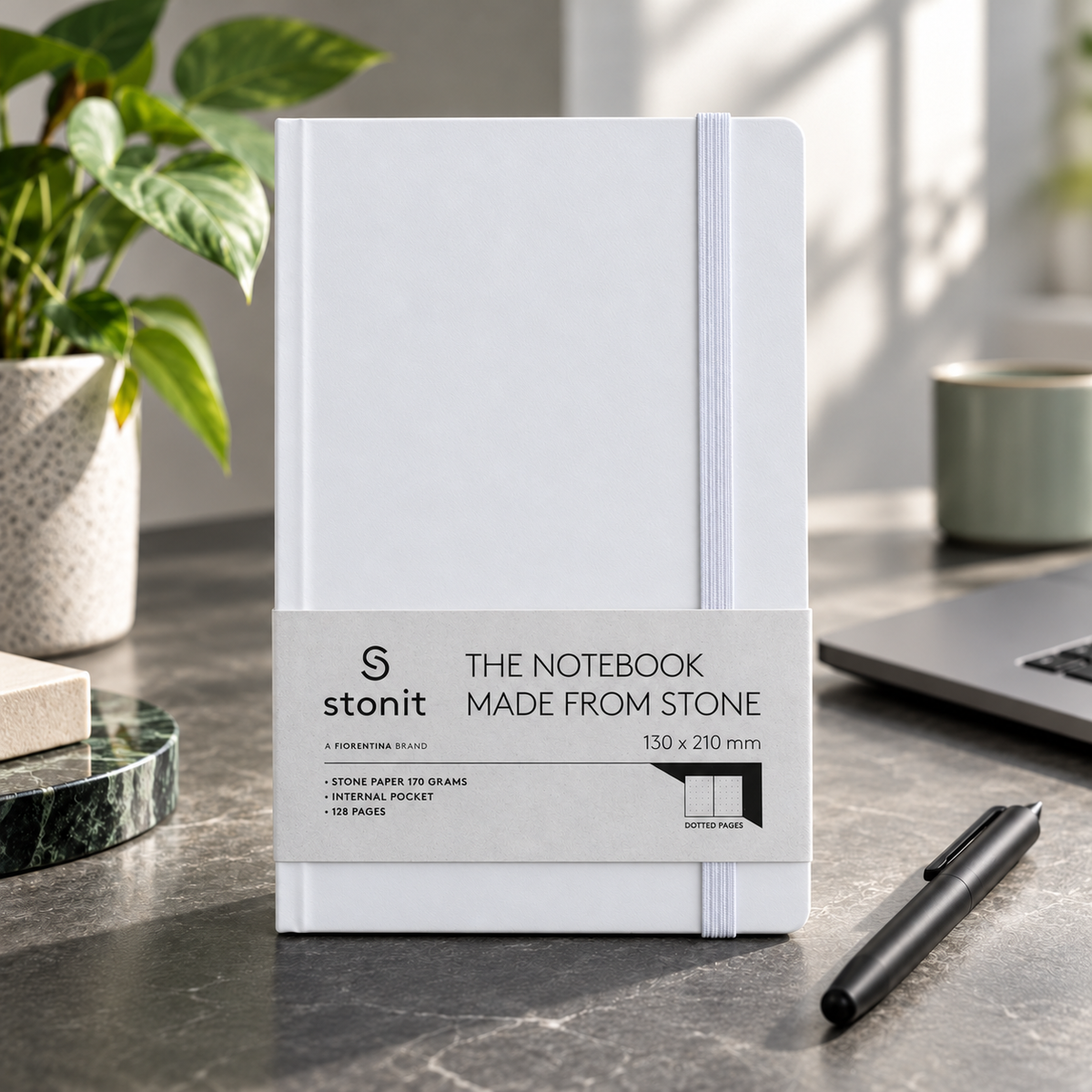 Stonit Stone Paper Notebook, Water-Resistant Dot Grid Journal, Hardcover with Elastic Closure, Silky-Smooth Tear-Resistant Pages, White, 128 Pages, 5 x 8 Inches