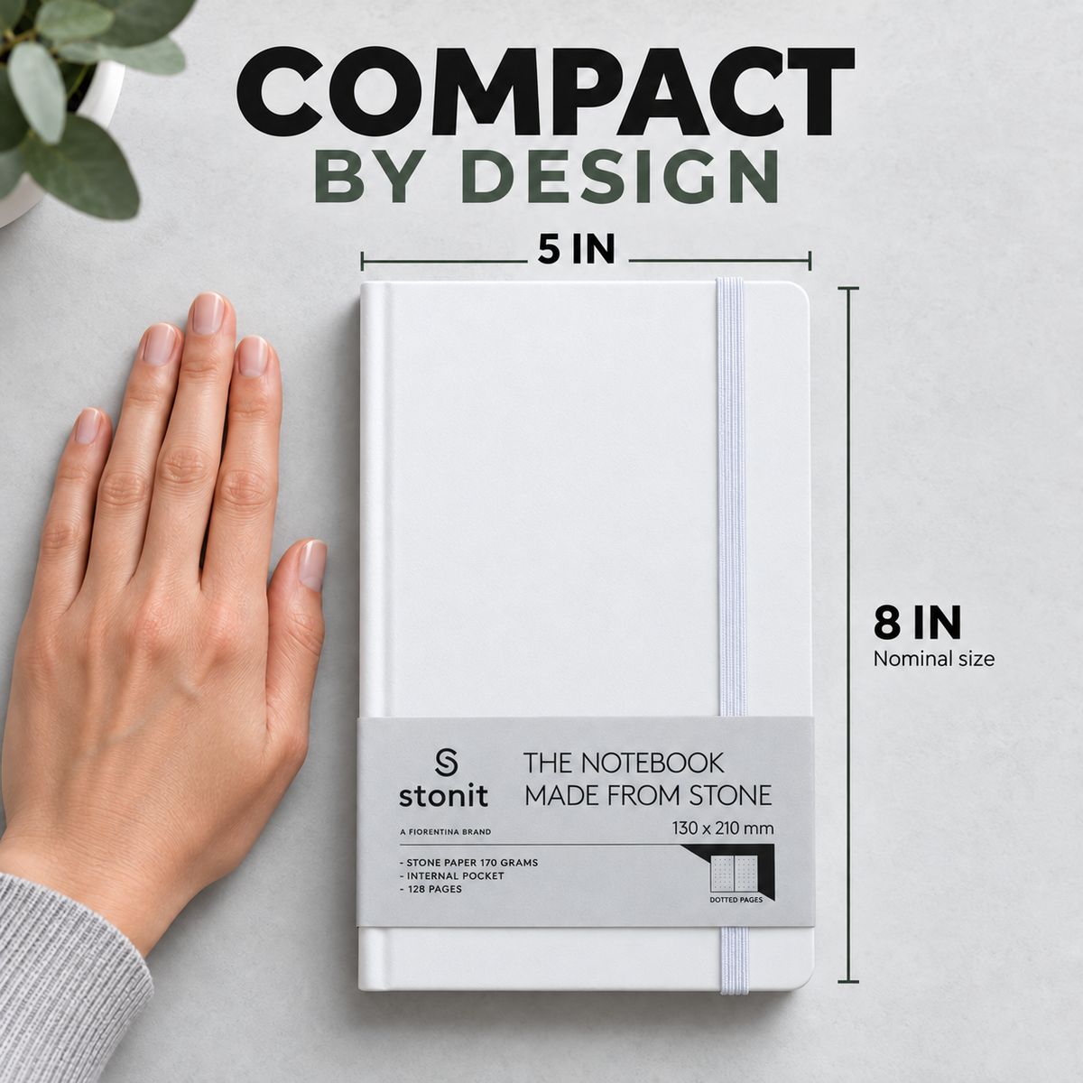 Stonit Stone Paper Notebook, Water-Resistant Dot Grid Journal, Hardcover with Elastic Closure, Silky-Smooth Tear-Resistant Pages, White, 128 Pages, 5 x 8 Inches