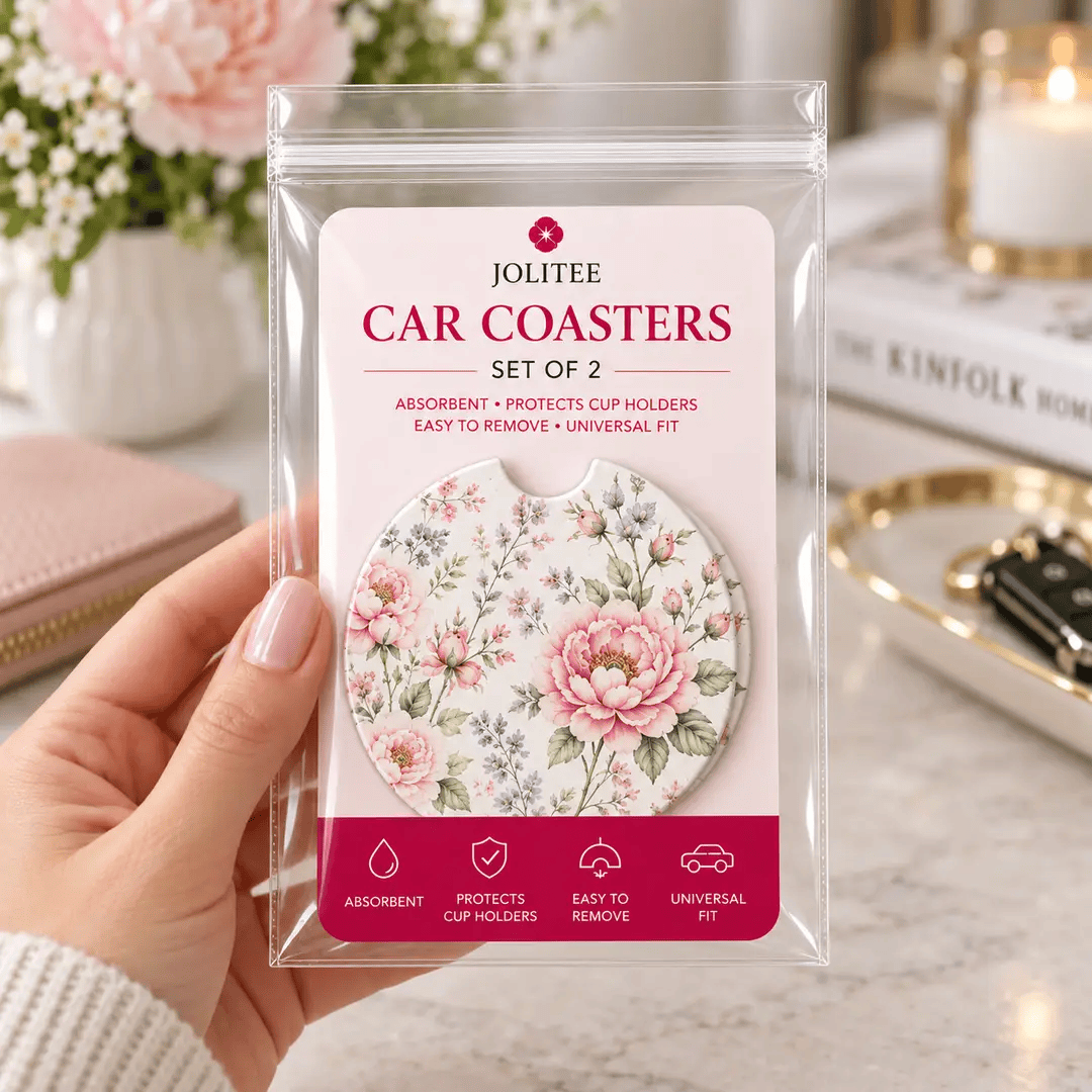 Jolitee Florals Car Coasters, Absorbent Neoprene Cup Holder