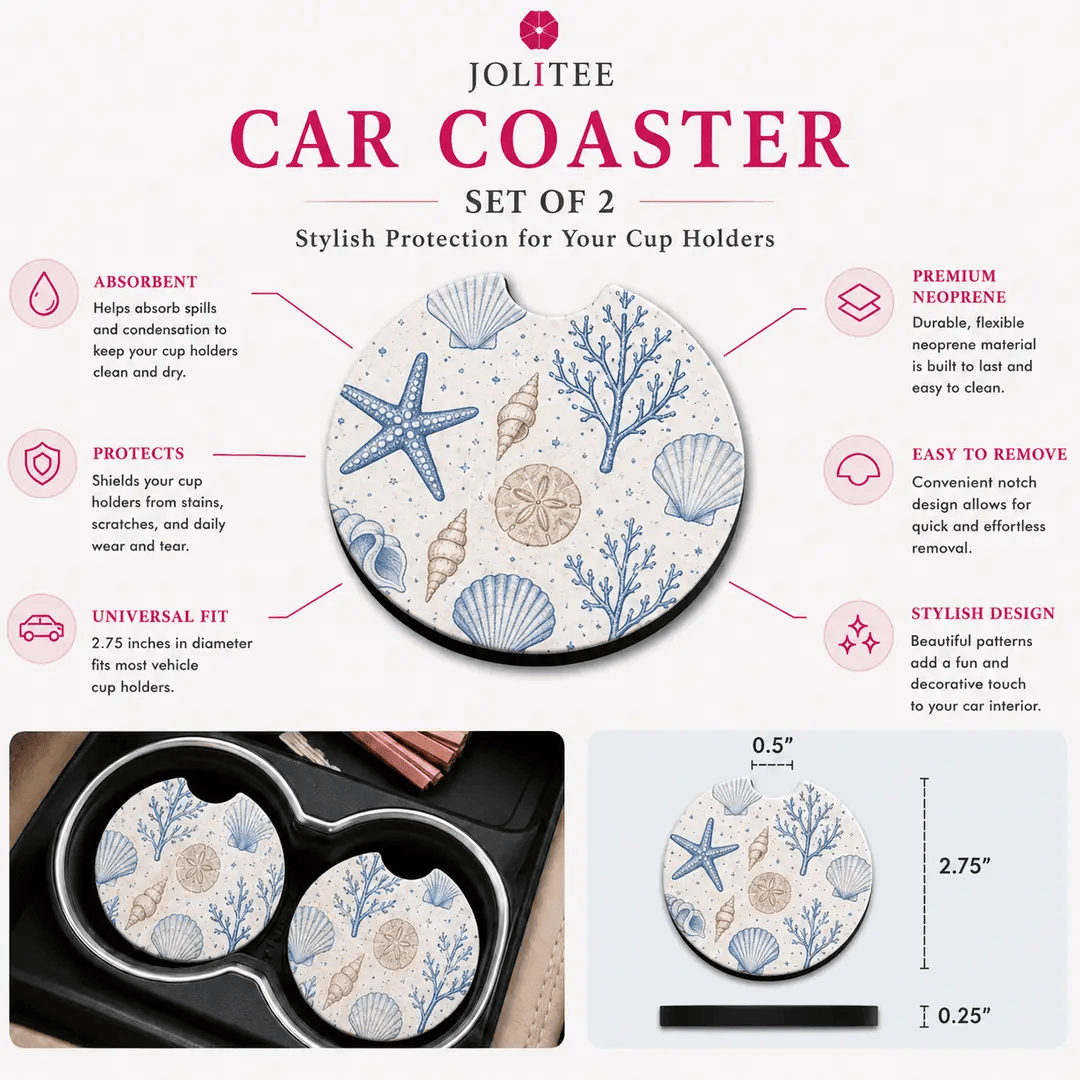 Jolitee Coastal Car Coasters, Absorbent Neoprene Cup Holder