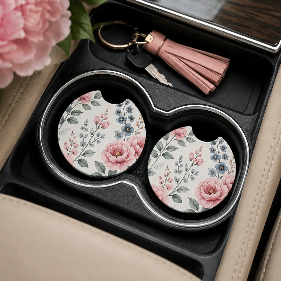 Jolitee Florals Car Coasters, Absorbent Neoprene Cup Holder