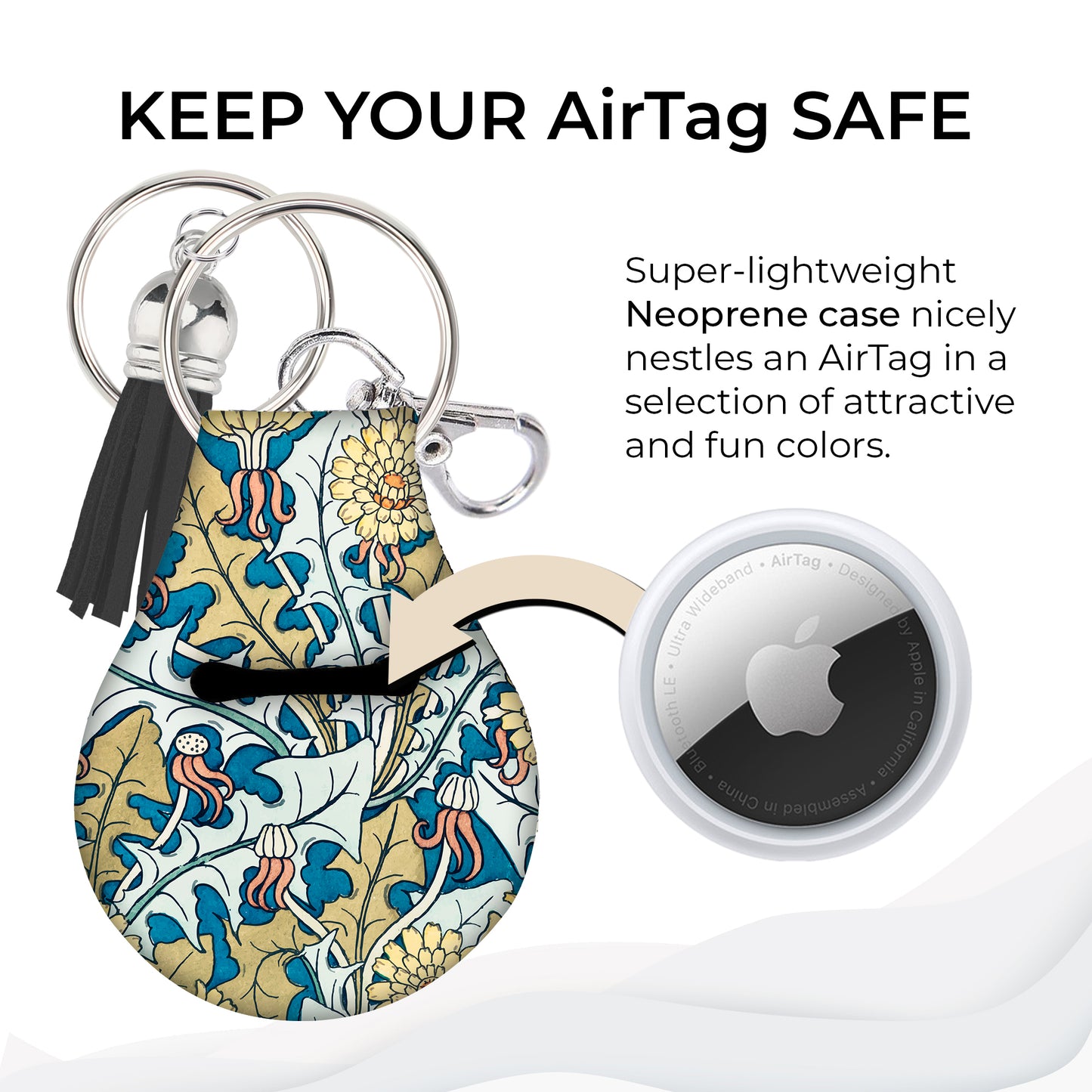 Jolitee Neoprene AirTag Compatible Case Keychain – Durable & Stylish Holder with Secure Ring and Clip, Compatible with Apple AirTag (Baifern)