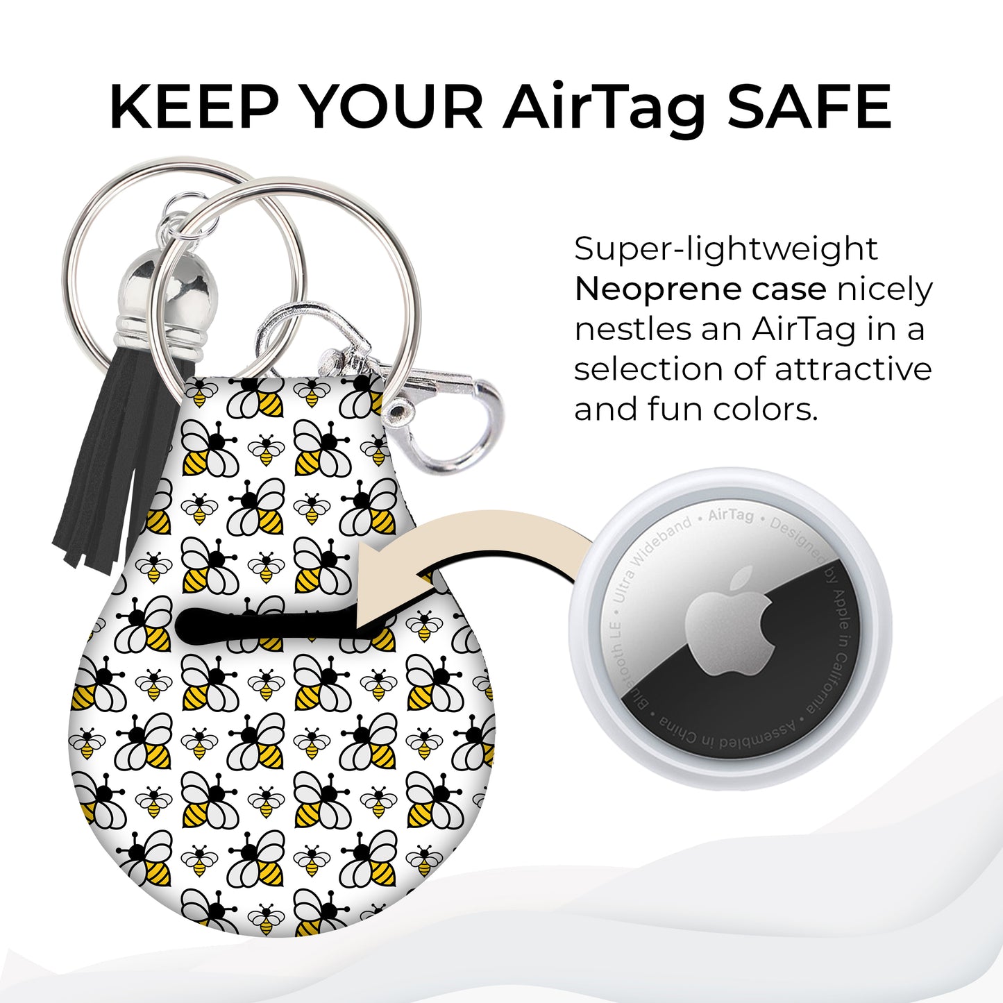 Jolitee Neoprene AirTag Compatible Case Keychain – Durable & Stylish Holder with Secure Ring and Clip, Compatible with Apple AirTag (Bees)