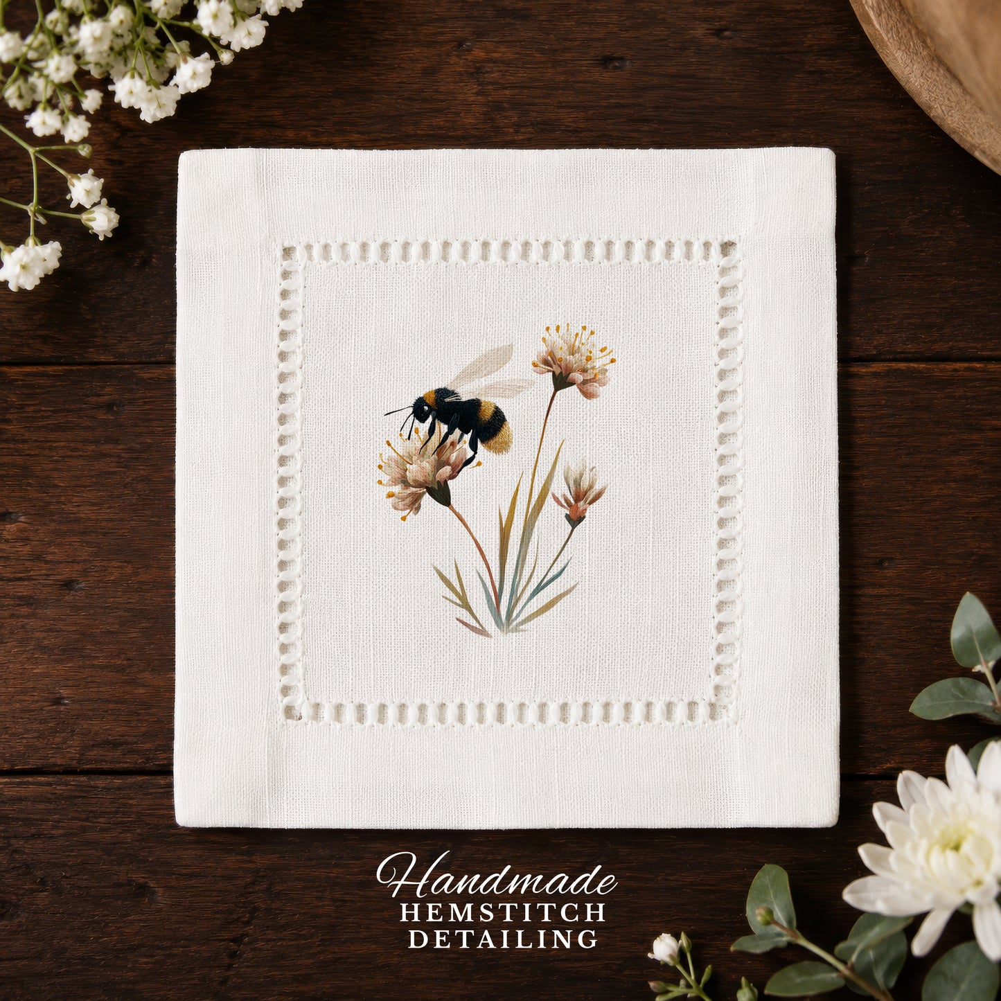Bee Flower Hemstitch Napkins