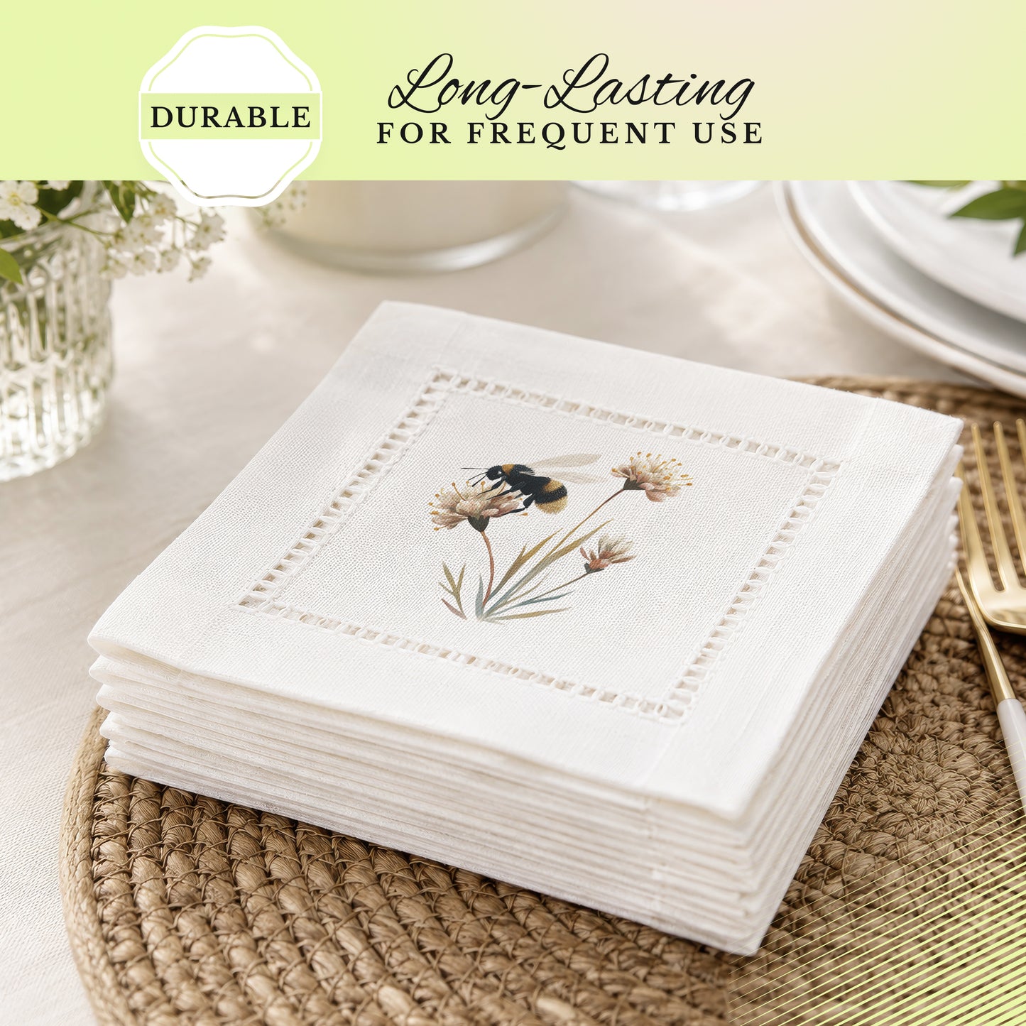 Bee Flower Hemstitch Napkins