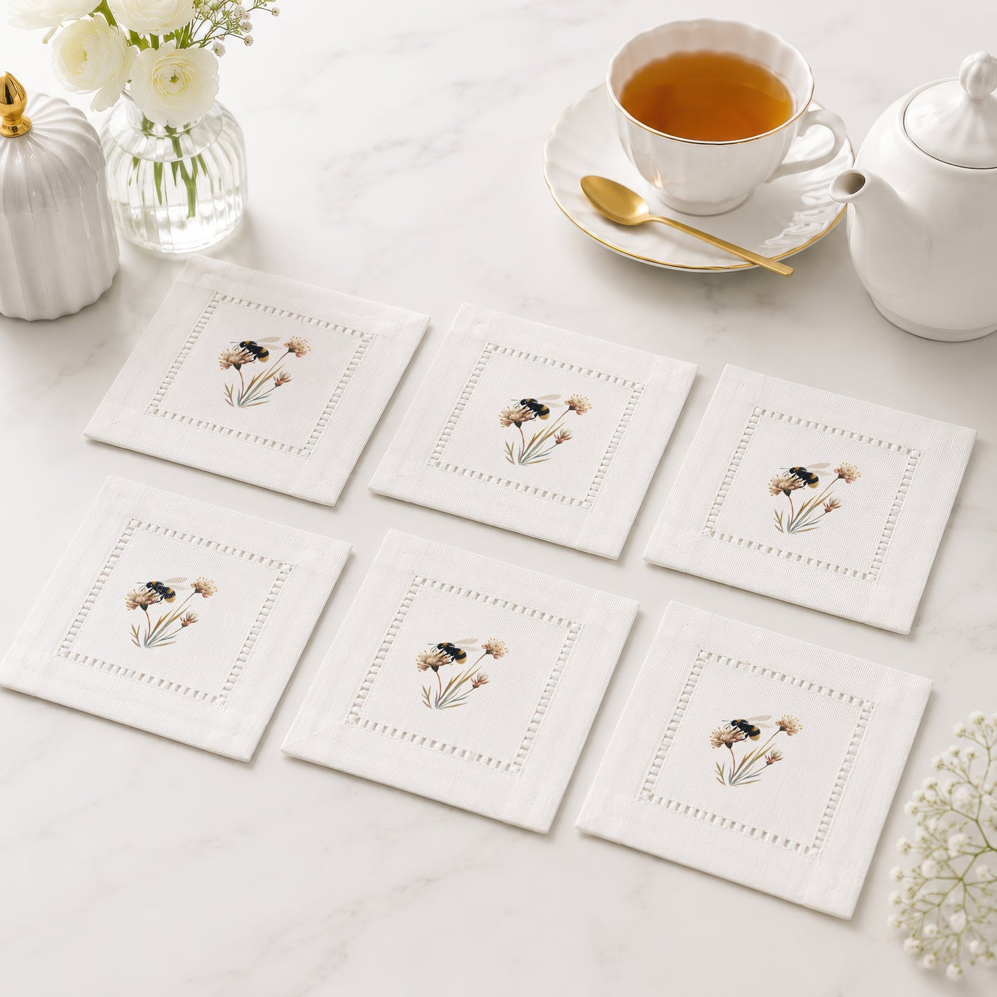 Bee Flower Hemstitch Napkins