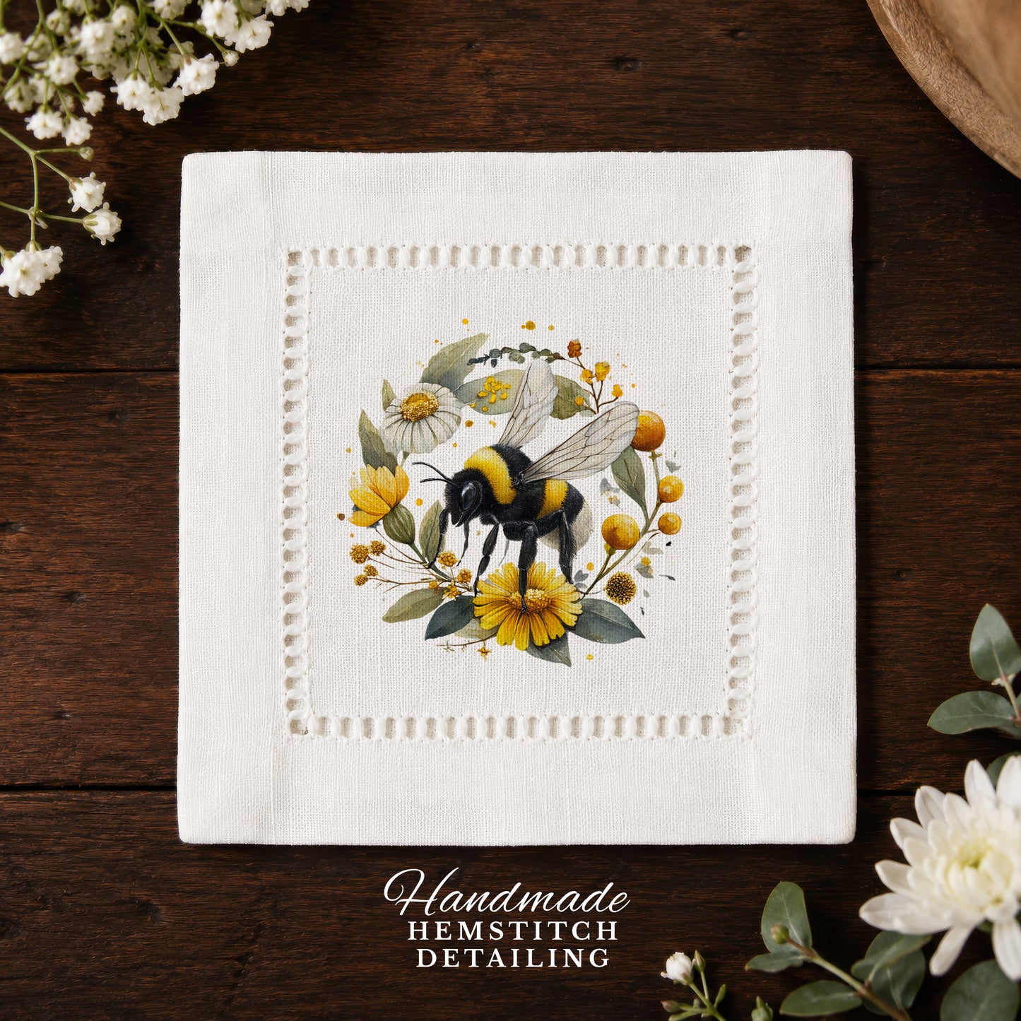 Bee Wreath Hemstitch Napkins