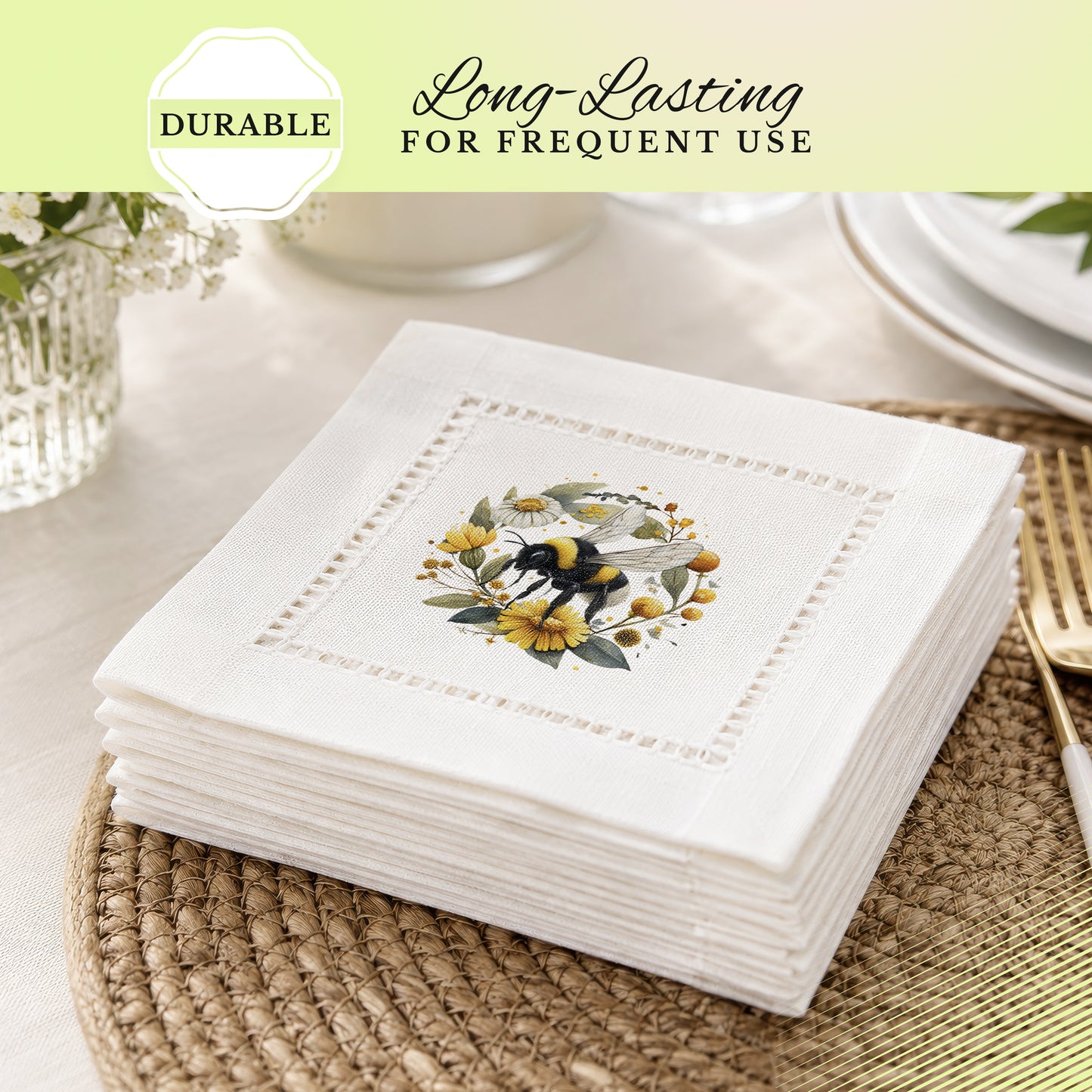 Bee Wreath Hemstitch Napkins