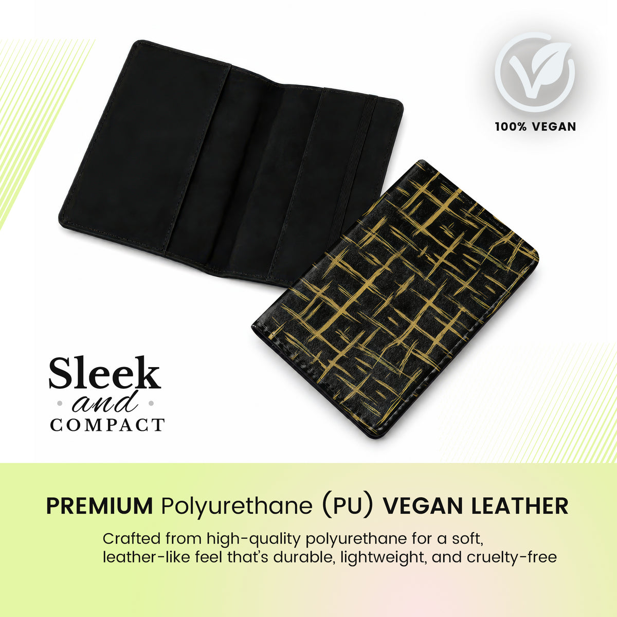 Jolitee Passport Holder, PU Vegan Leather, Black and Gold, Black Back