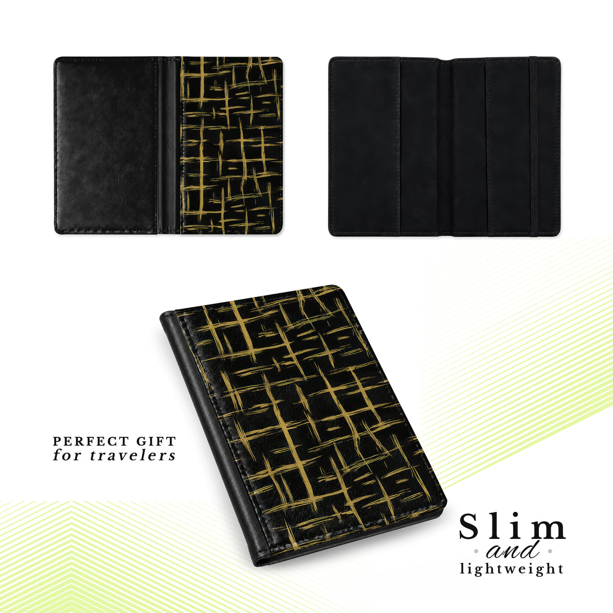 Jolitee Passport Holder, PU Vegan Leather, Black and Gold, Black Back