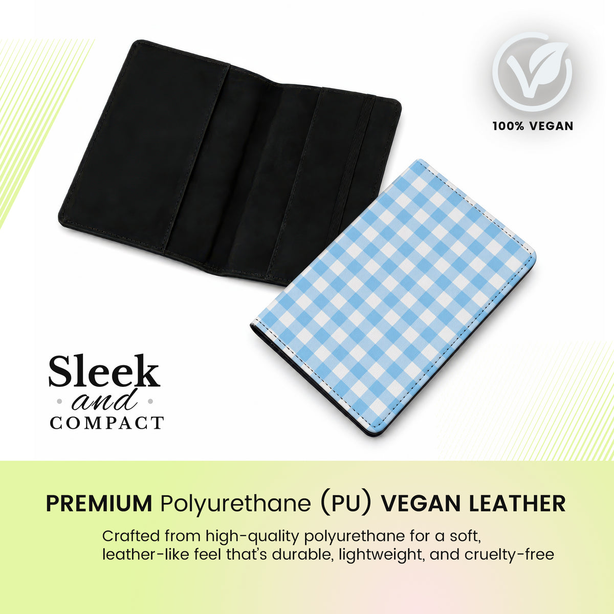 Jolitee Passport Holder, PU Vegan Leather, Blue Checked, Black Back