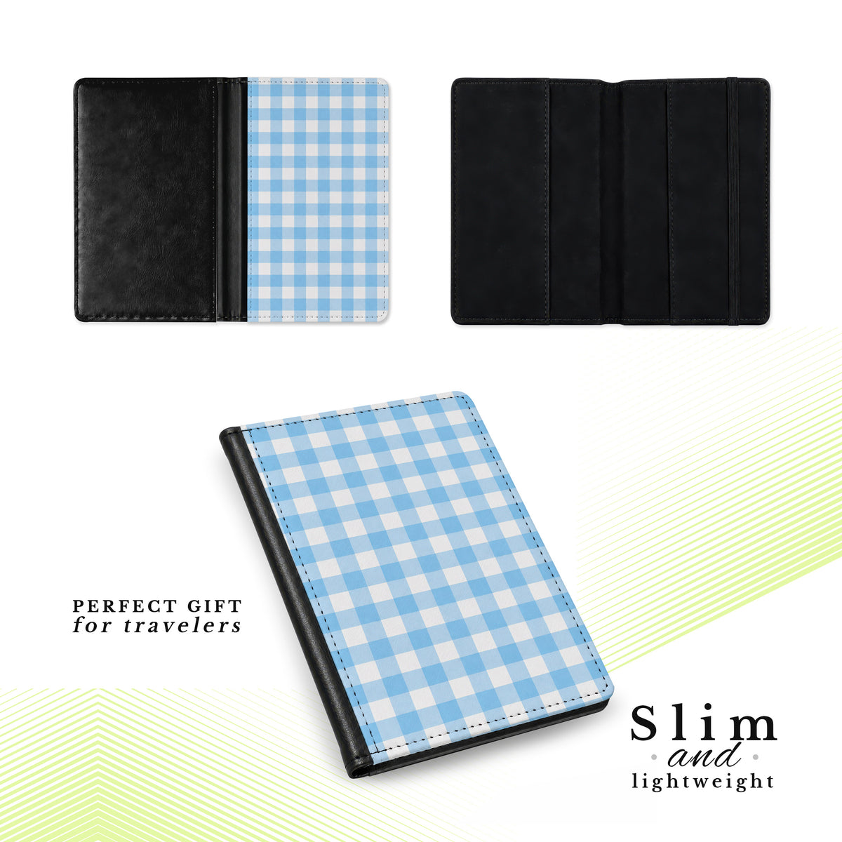 Jolitee Passport Holder, PU Vegan Leather, Blue Checked, Black Back
