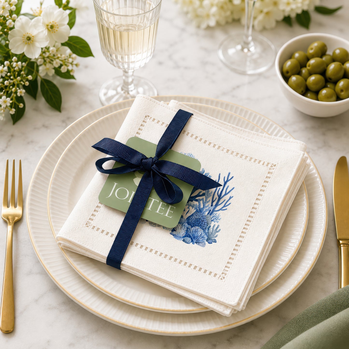 Blue Corals Hemstitch Napkins