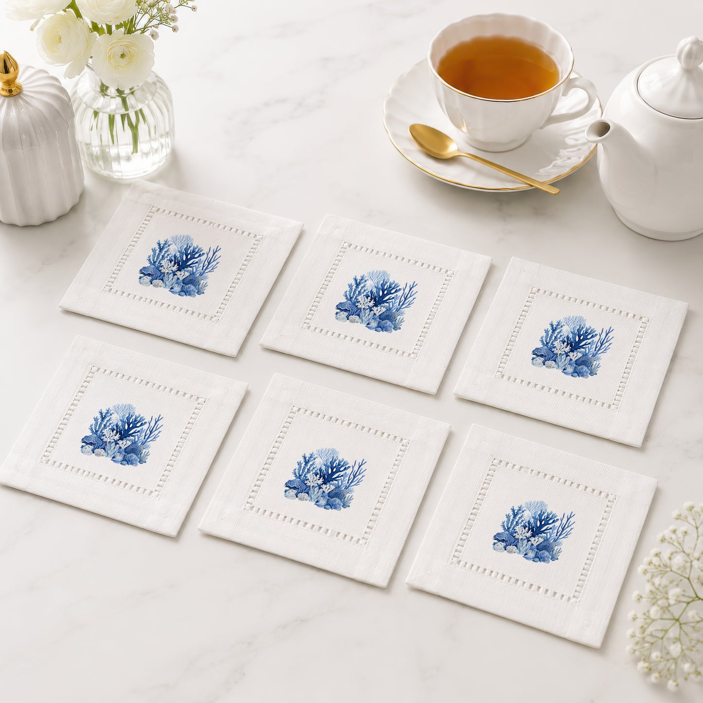 Blue Corals Hemstitch Napkins