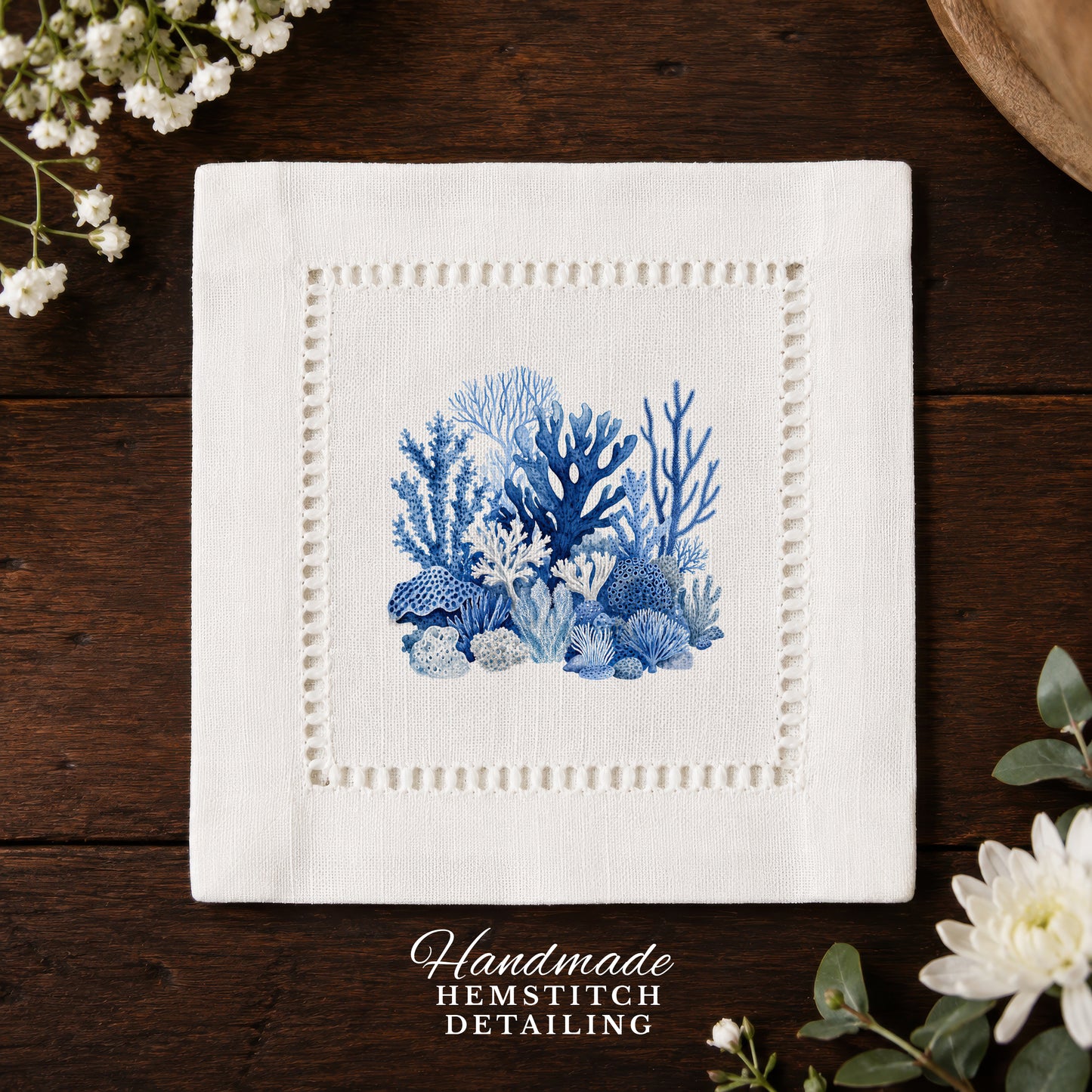 Blue Corals Hemstitch Napkins