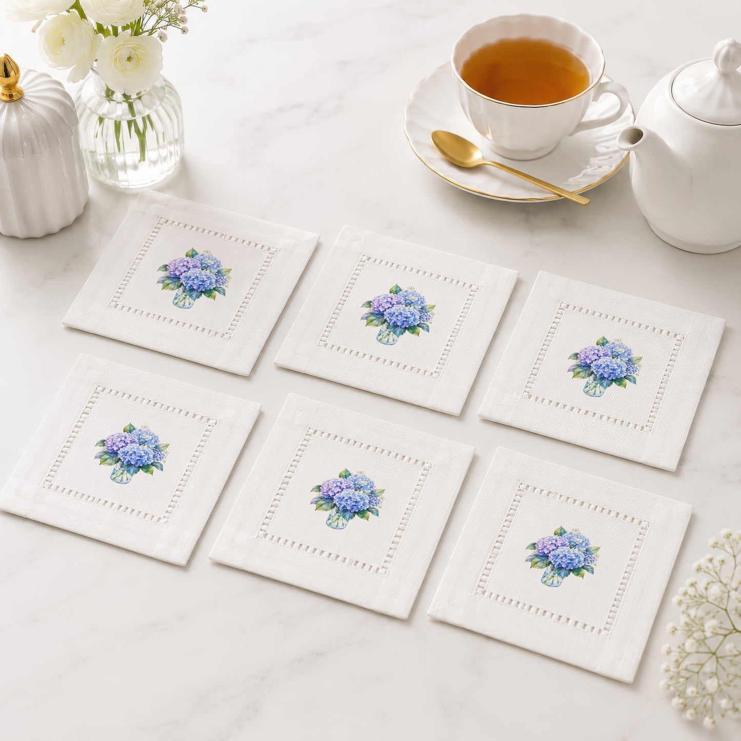 Starter Set Blue Hydrangeas Hemstitch Napkins