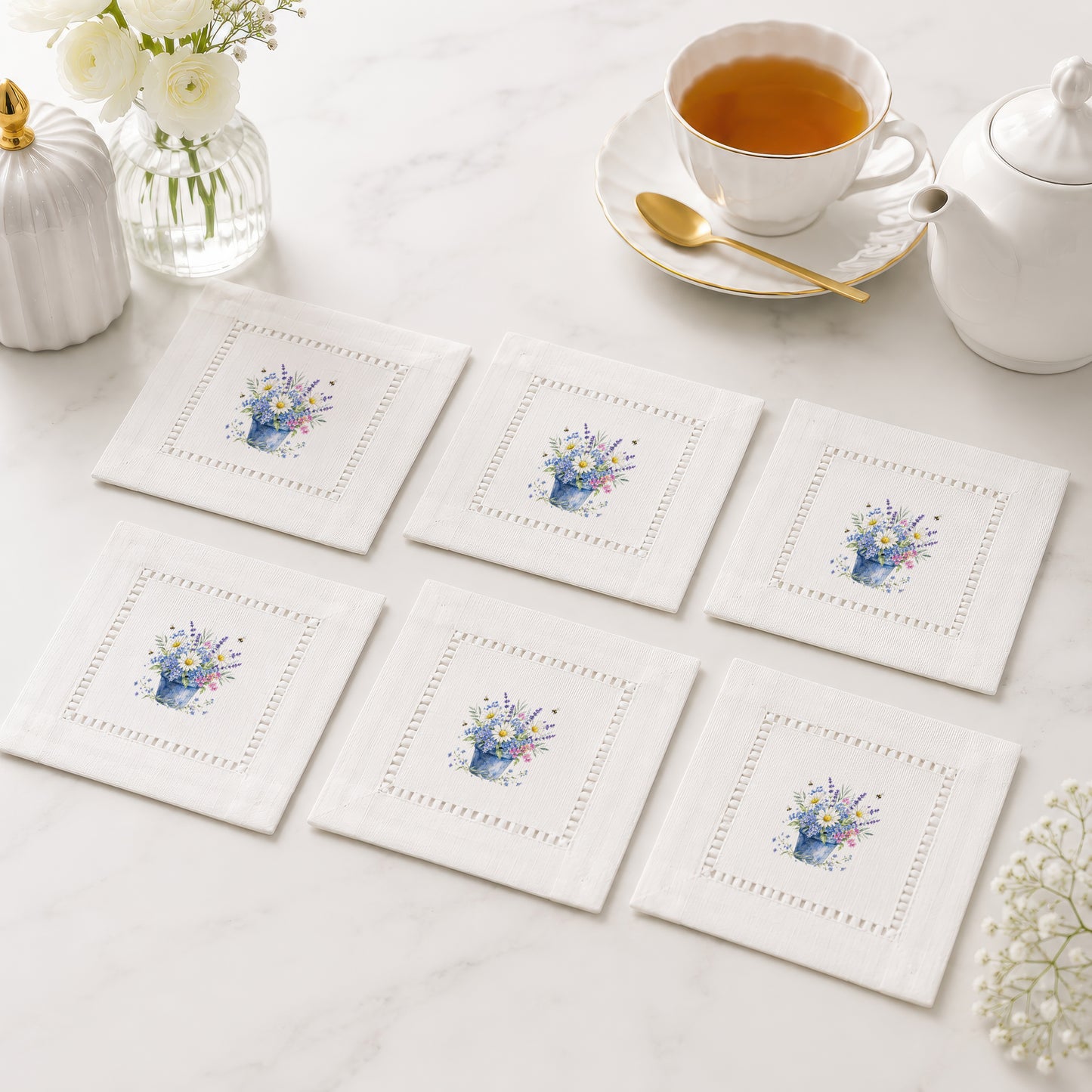 Garden Blue Pot Hemstitch Napkins