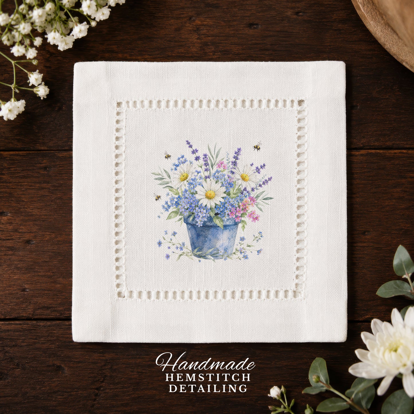 Garden Blue Pot Hemstitch Napkins