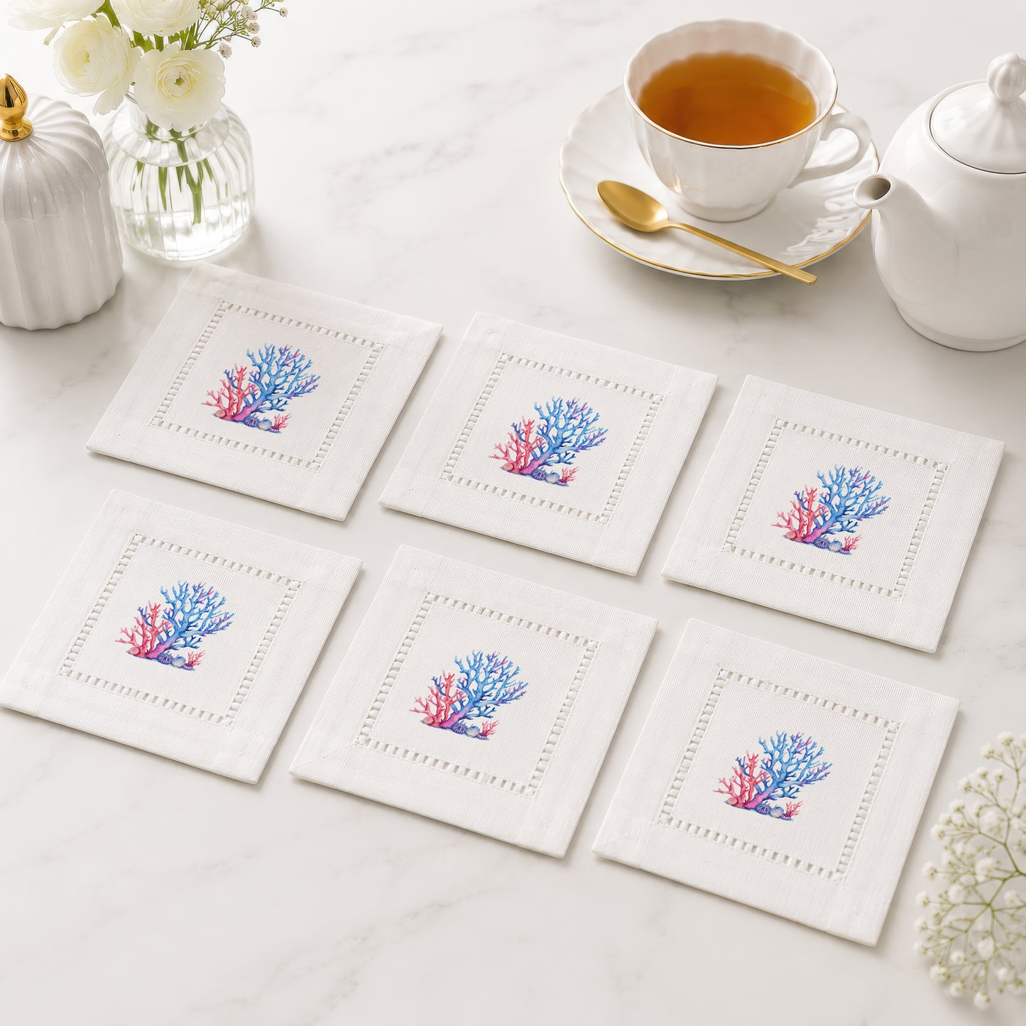 Coastal Corals Red/Blue Hemstitch Napkins