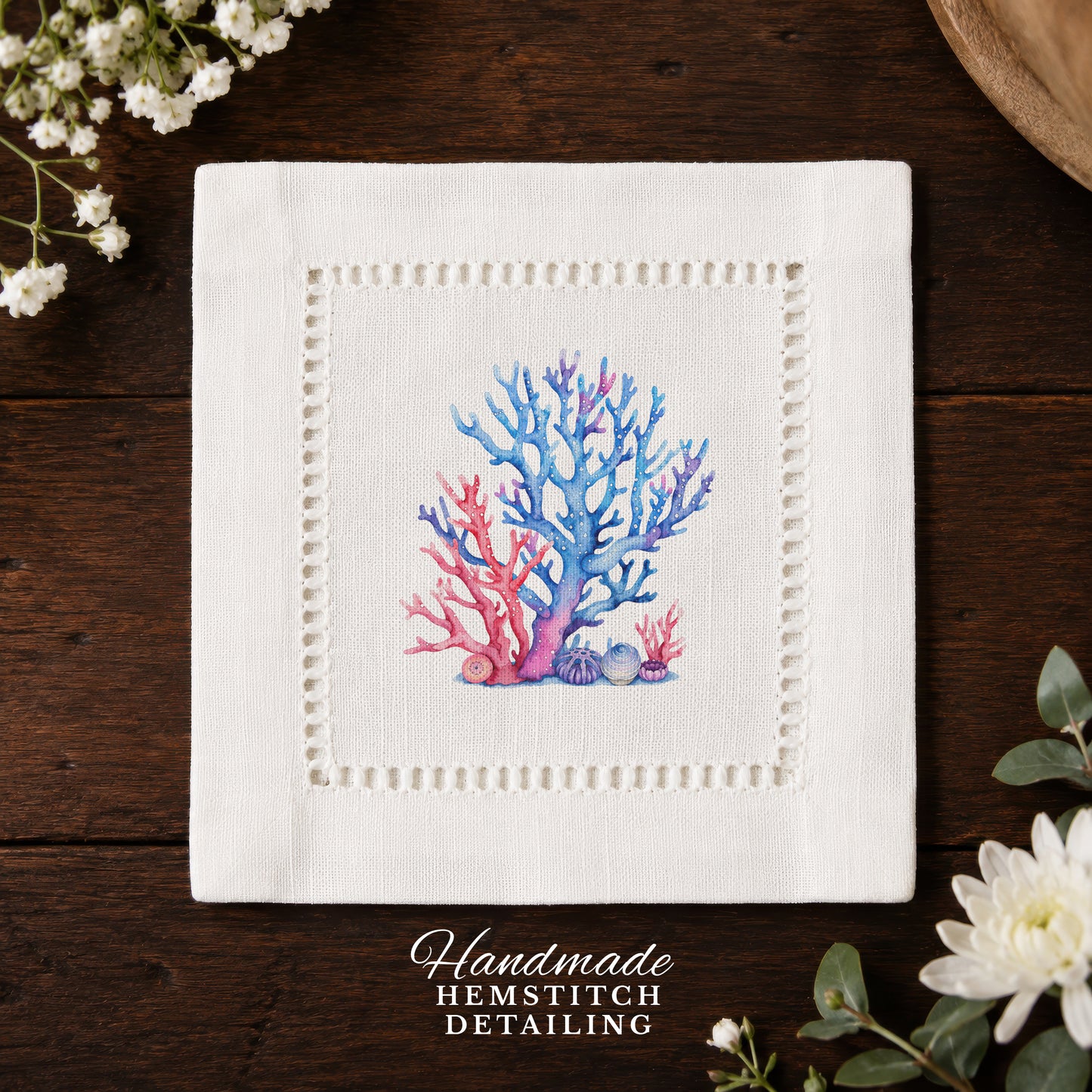 Coastal Corals Red/Blue Hemstitch Napkins