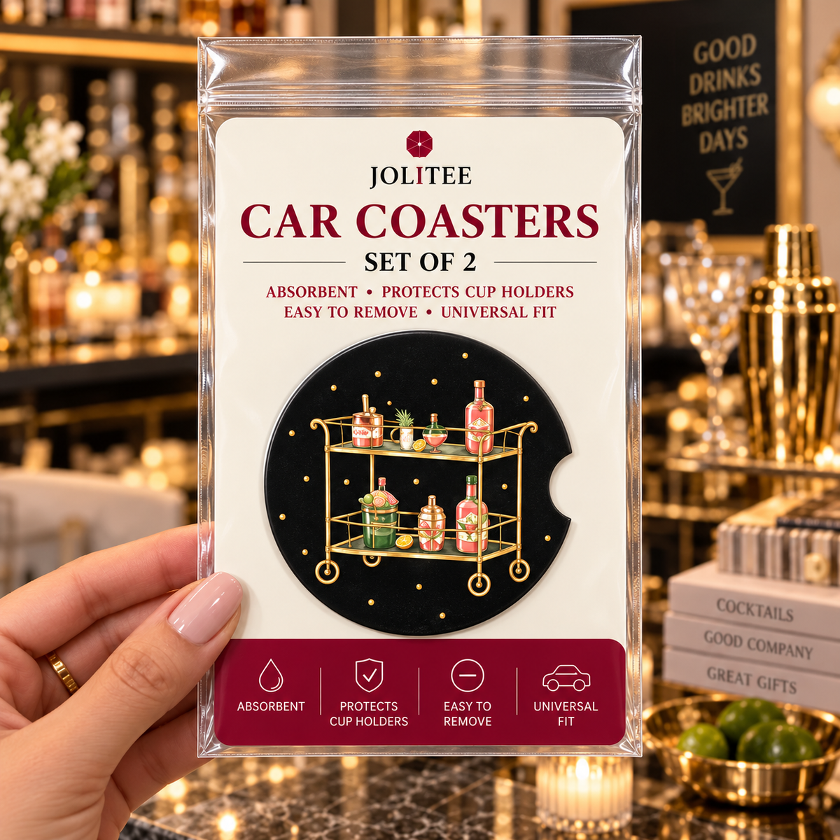 Jolitee Cocktail Car Coasters, Absorbent Neoprene Cup Holder