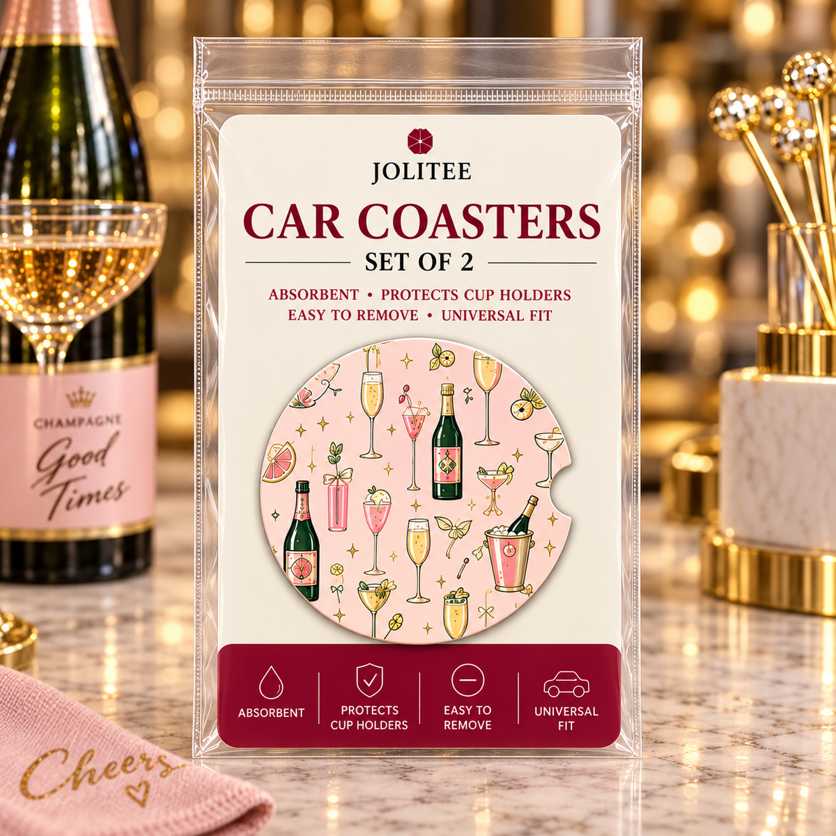 Jolitee Cocktail Car Coasters, Absorbent Neoprene Cup Holder