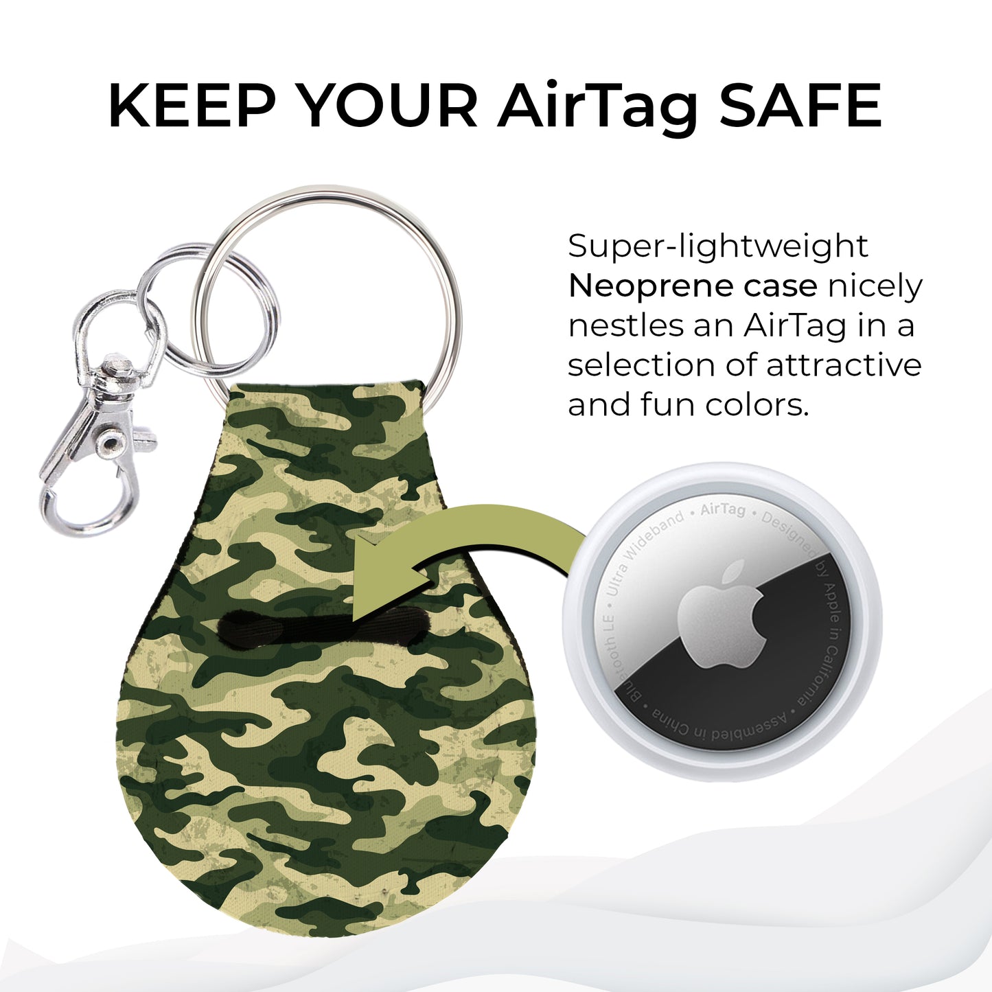 Jolitee Neoprene AirTag Compatible Case Keychain – Durable & Stylish Holder with Secure Ring and Clip, Compatible with Apple AirTag (Camouflage)