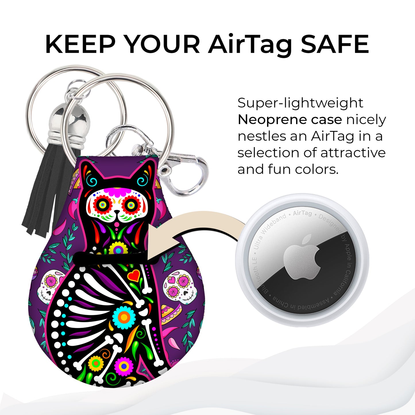 Jolitee Neoprene Compatible with Apple AirTag Case Keychain – Durable & Stylish Holder with Secure Ring and Clip (Cat Dia de Muertos Design)