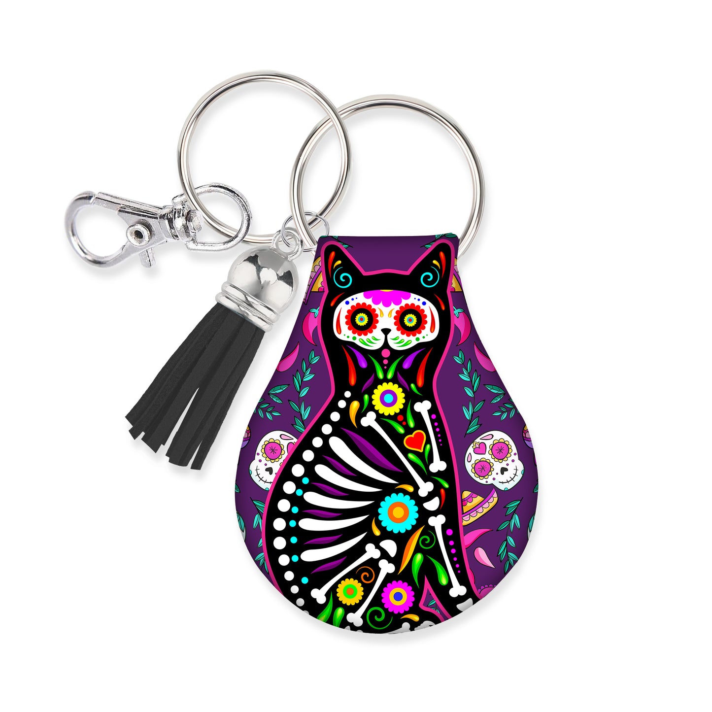 Jolitee Neoprene Compatible with Apple AirTag Case Keychain – Durable & Stylish Holder with Secure Ring and Clip (Cat Dia de Muertos Design)