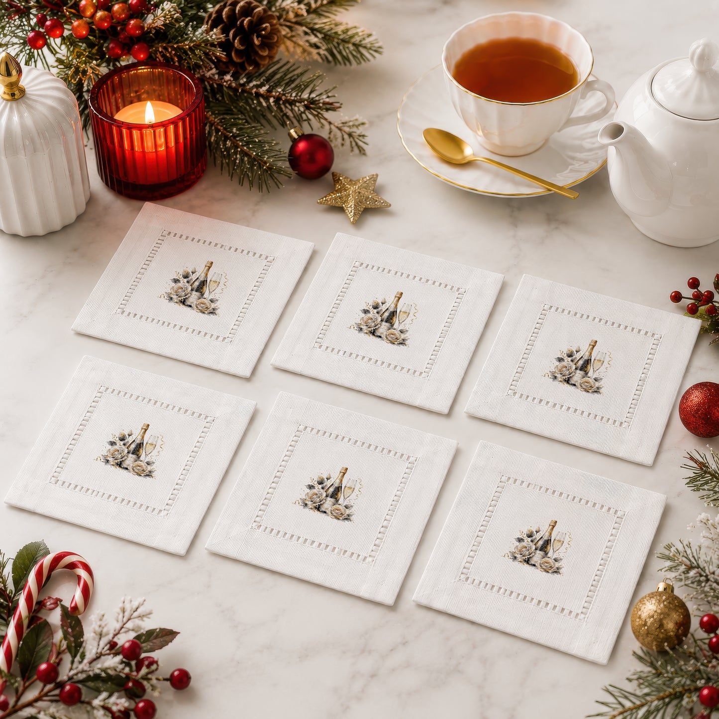 New Year Champagne Bottle Hemstitch Napkins