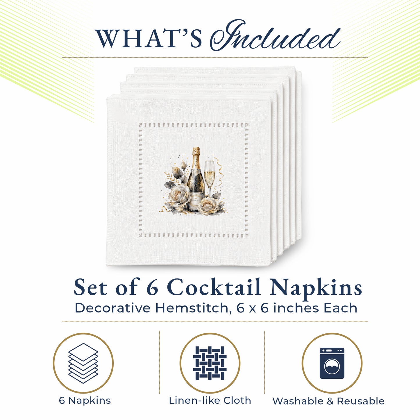 New Year Champagne Bottle Hemstitch Napkins
