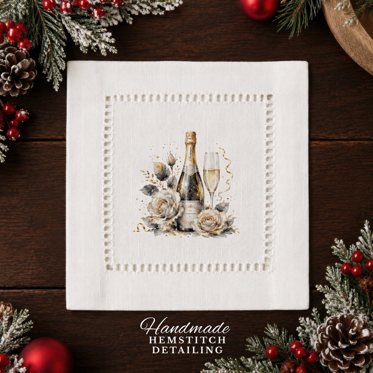 New Year Champagne Bottle Hemstitch Napkins