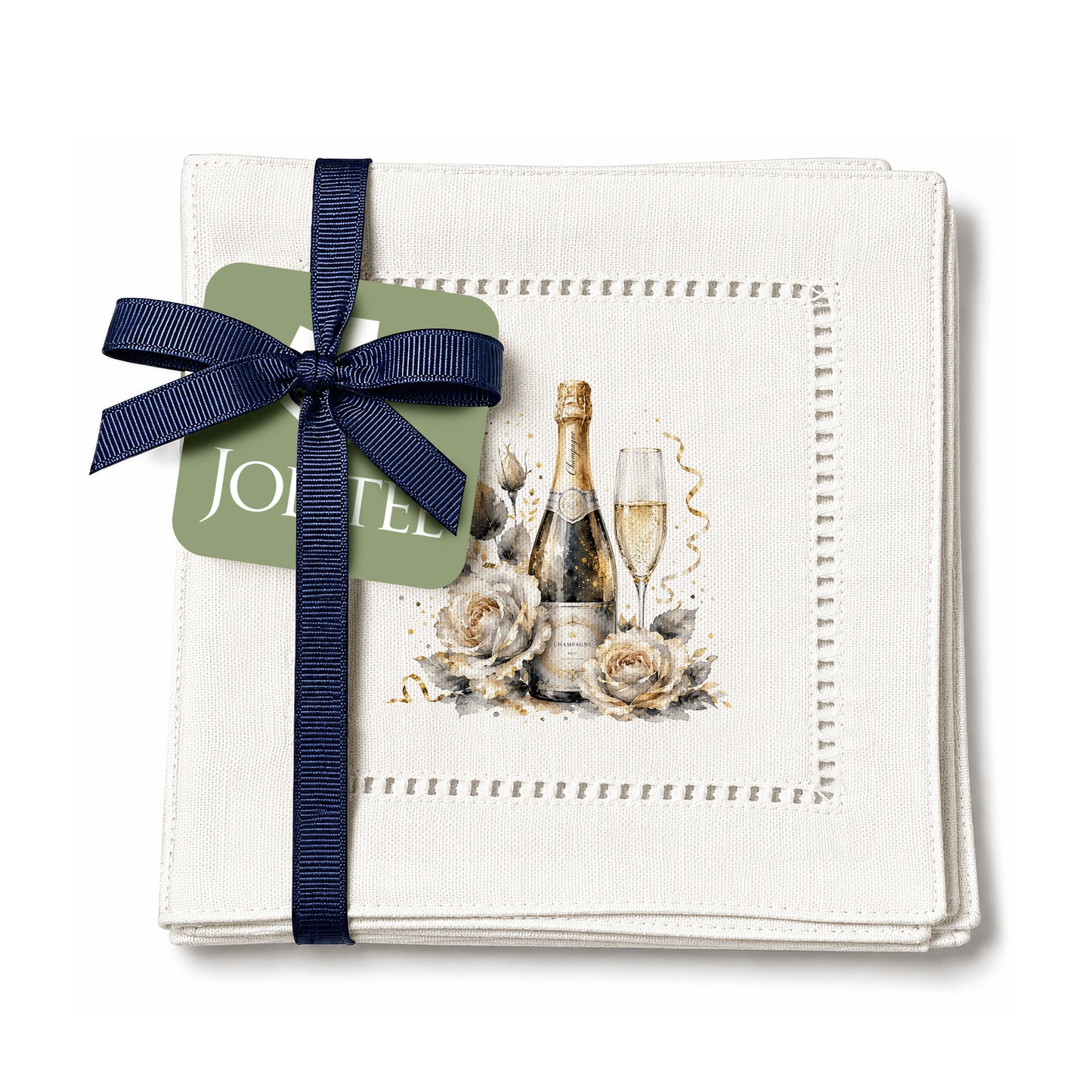New Year Champagne Bottle Hemstitch Napkins