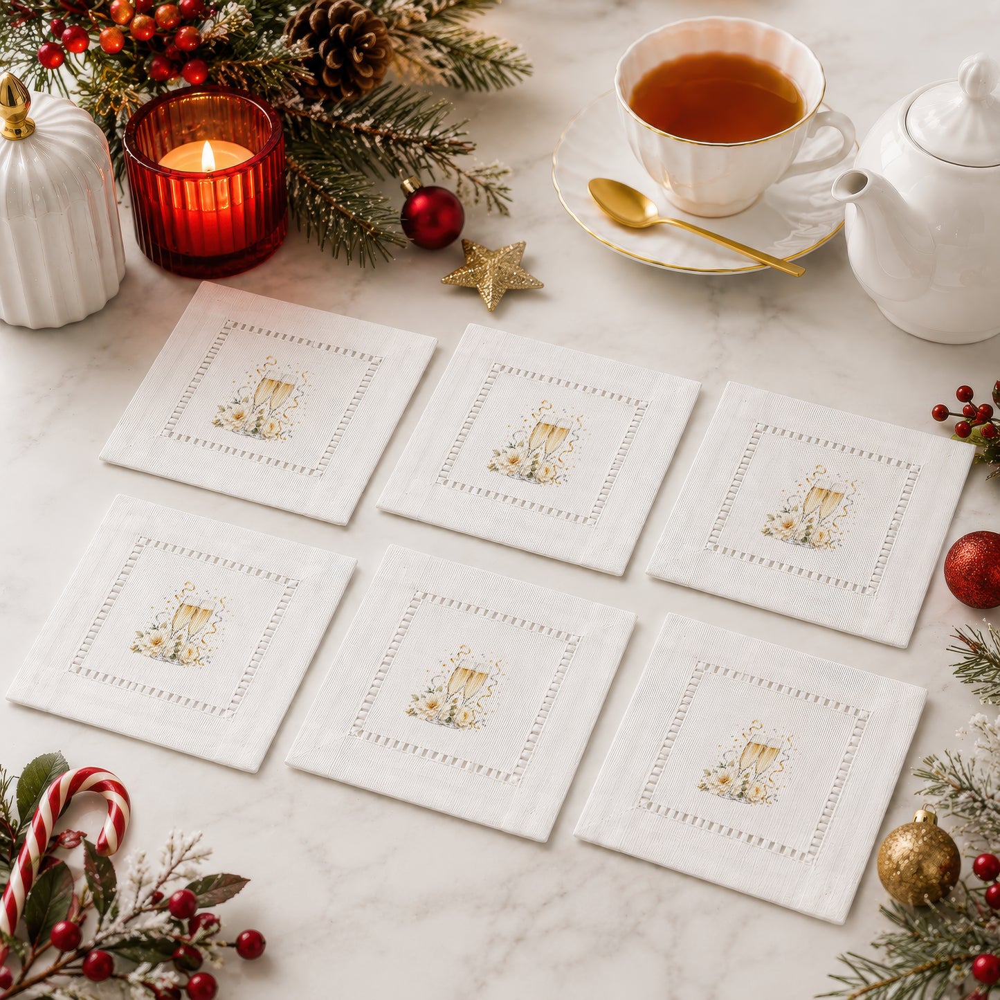 New Year Champagne Glasses Hemstitch Napkins