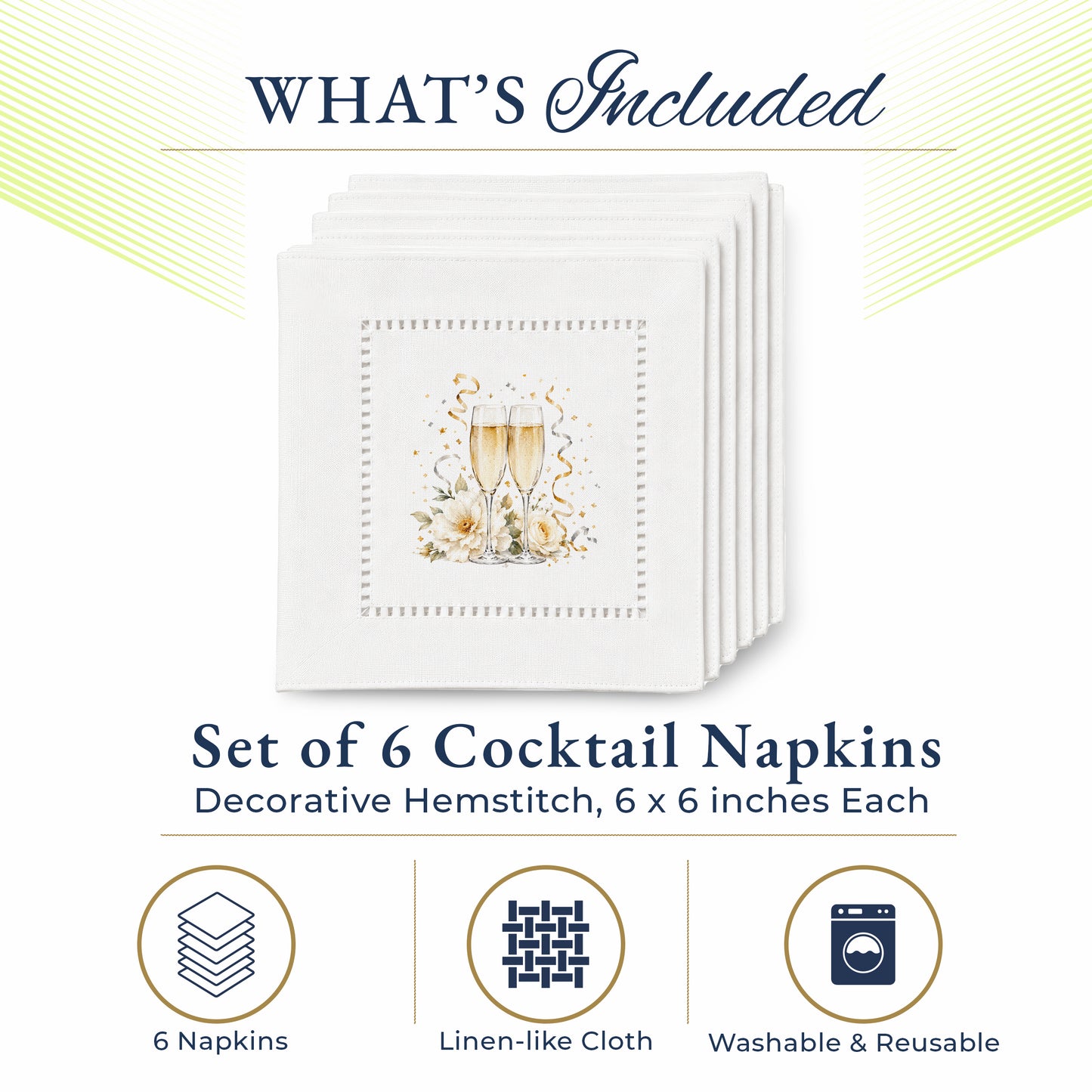 New Year Champagne Glasses Hemstitch Napkins