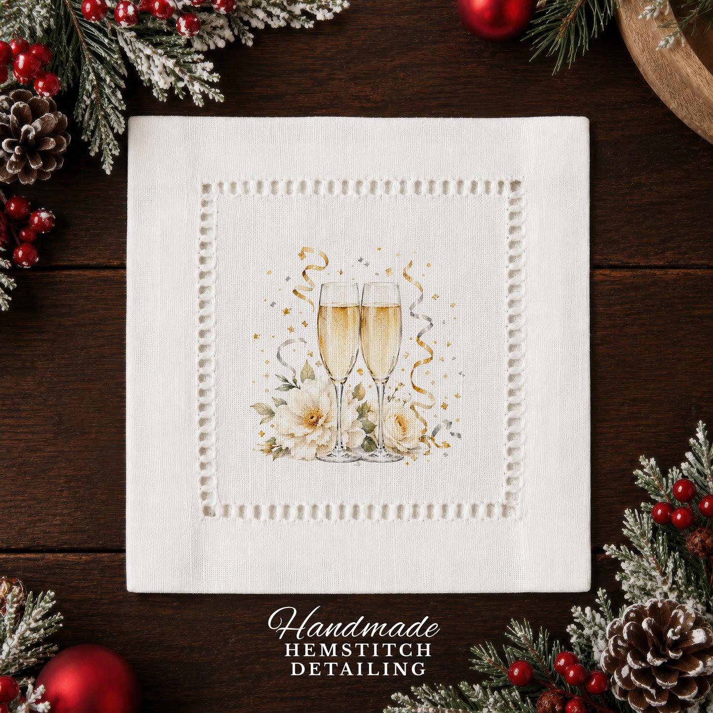 New Year Champagne Glasses Hemstitch Napkins